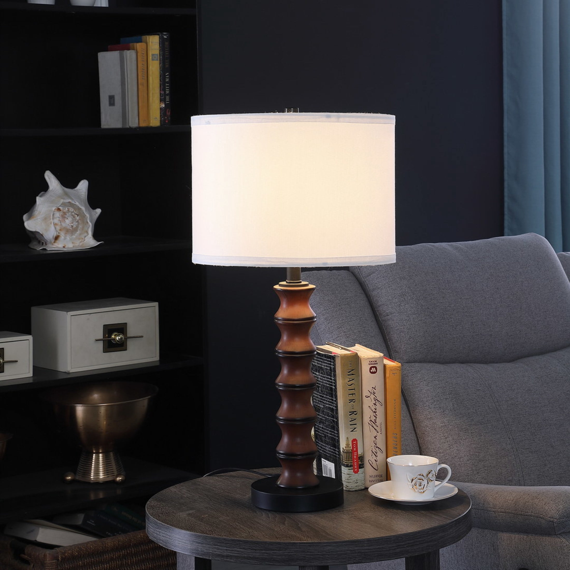 Noble House 27.5" Littoral Coastal Table Lamp, Polyresin and Metal Base with White Linen Drum Shade, Cherry