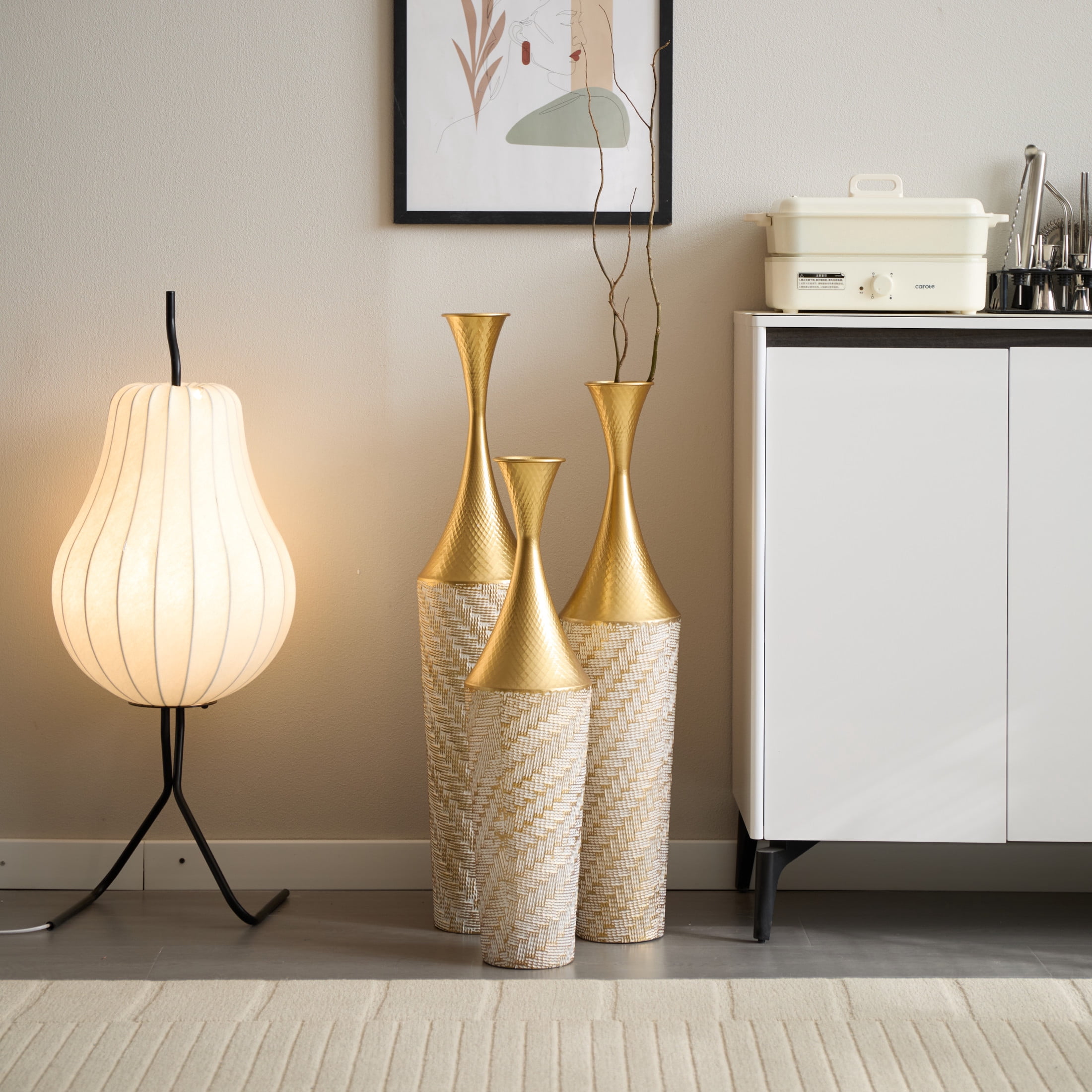 Noble House 27.56", 31.5", 35.43" Metal Floor Vase Set of 3, Textured Handcrafted Vases, Gold+White