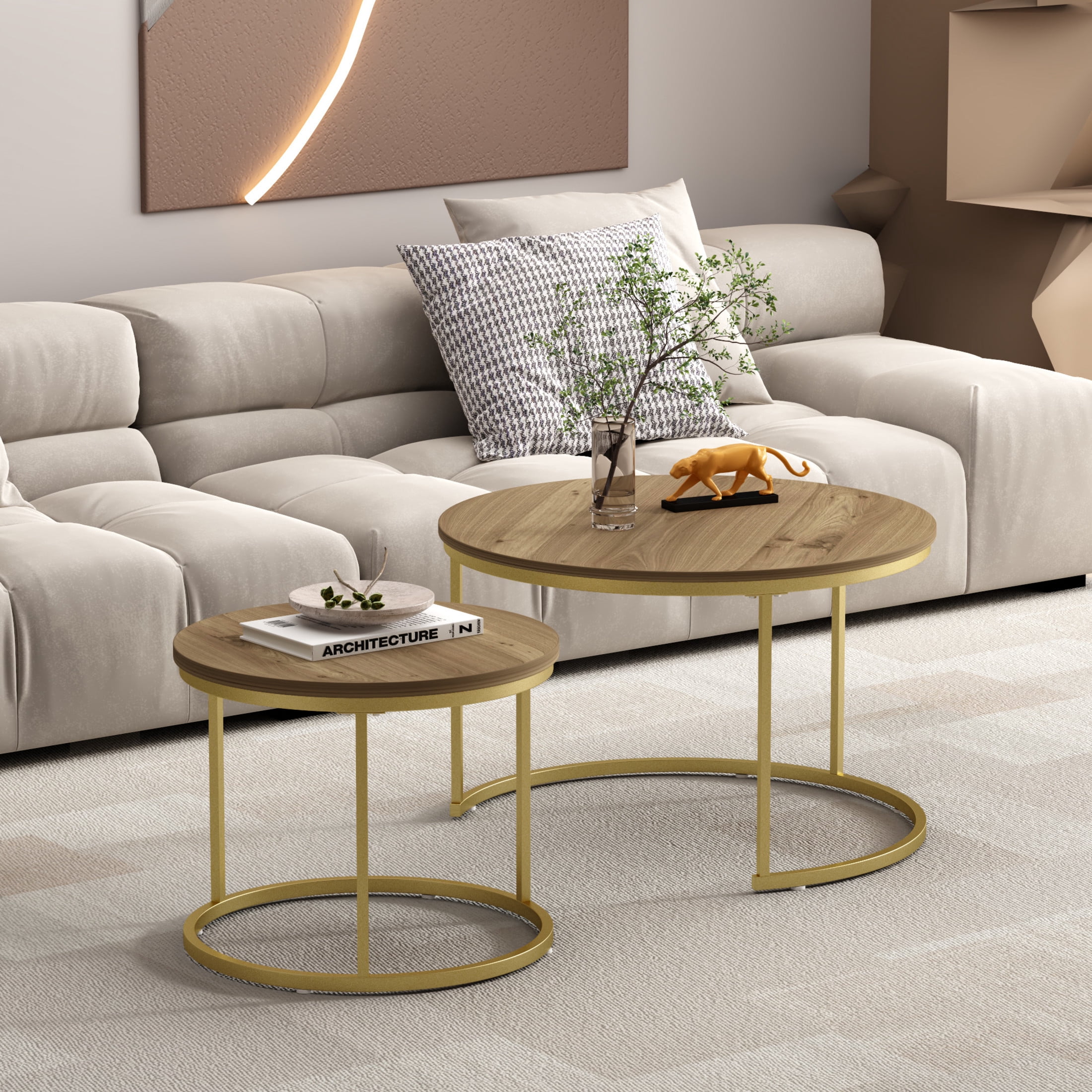 Noble House 27.6" Round Nesting Coffee Table with Grain Top, Wooden Side End Tables for Living Room, Brown, Set of 2