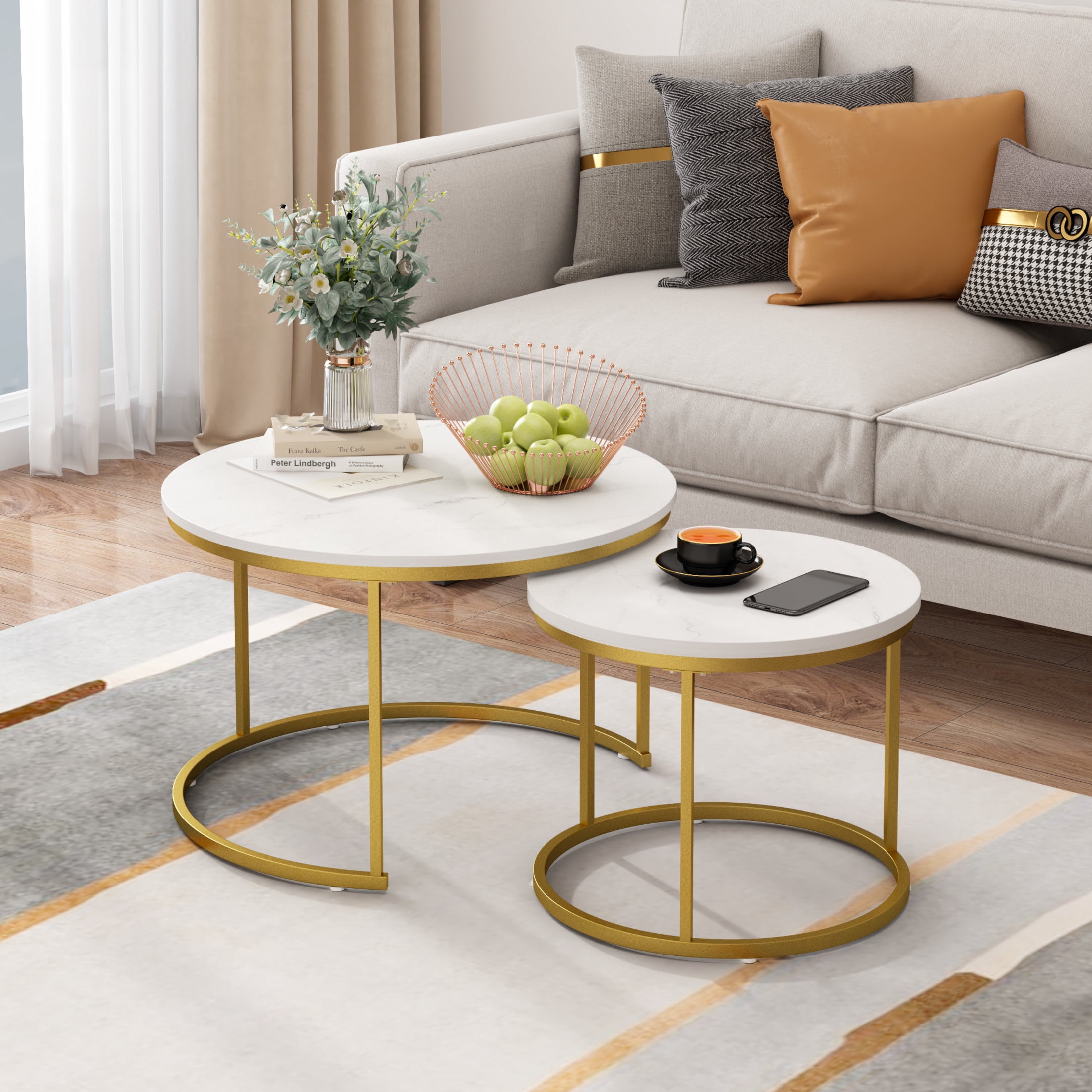 Noble House 27.6" Round Nesting Coffee Table with Marble Top, Wooden Side End Tables for Living Room, White, Set of 2