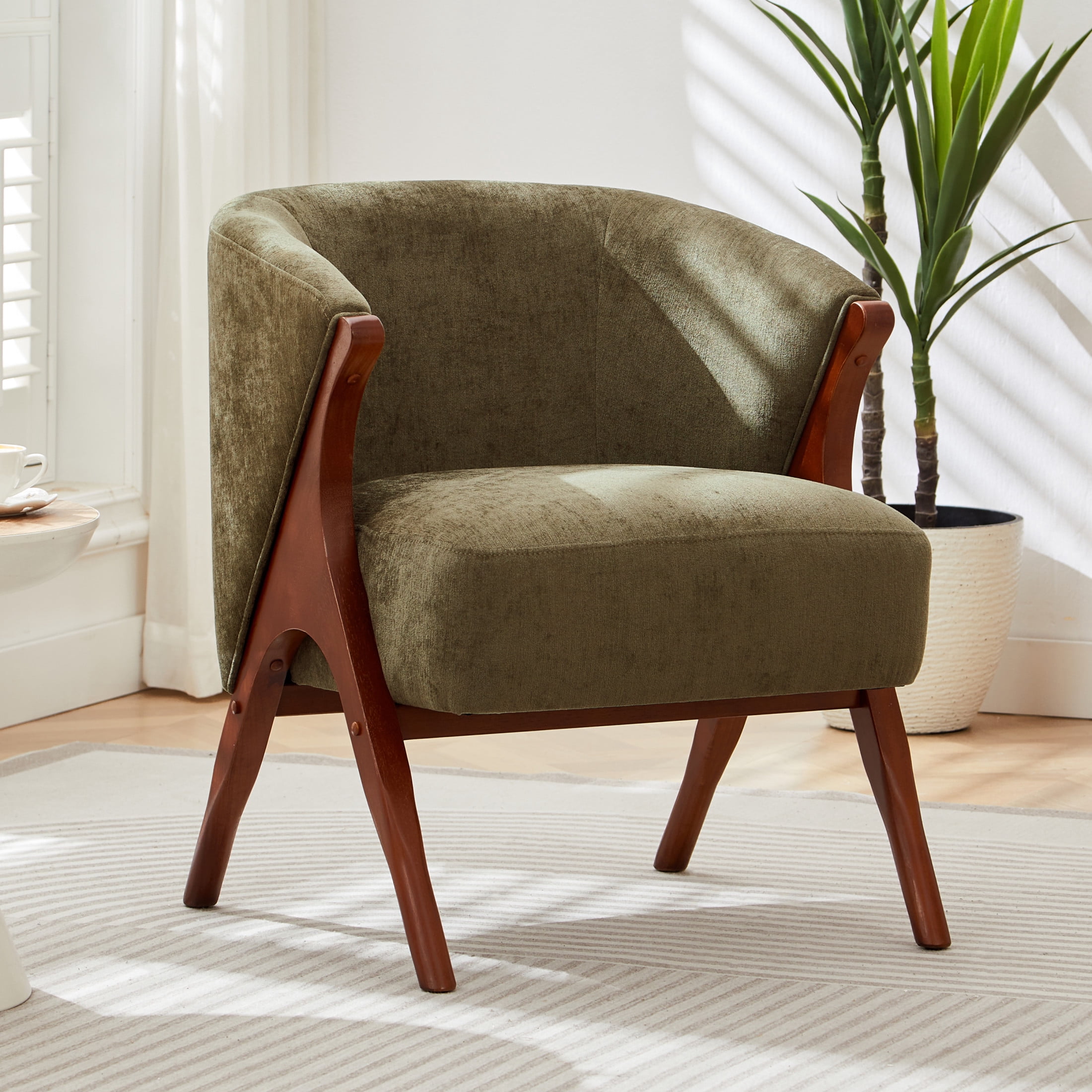 Noble House 27" Modern Accent Chair with Solid Wood Frame and Chenille Upholstered for Living Room, Walnut & Green