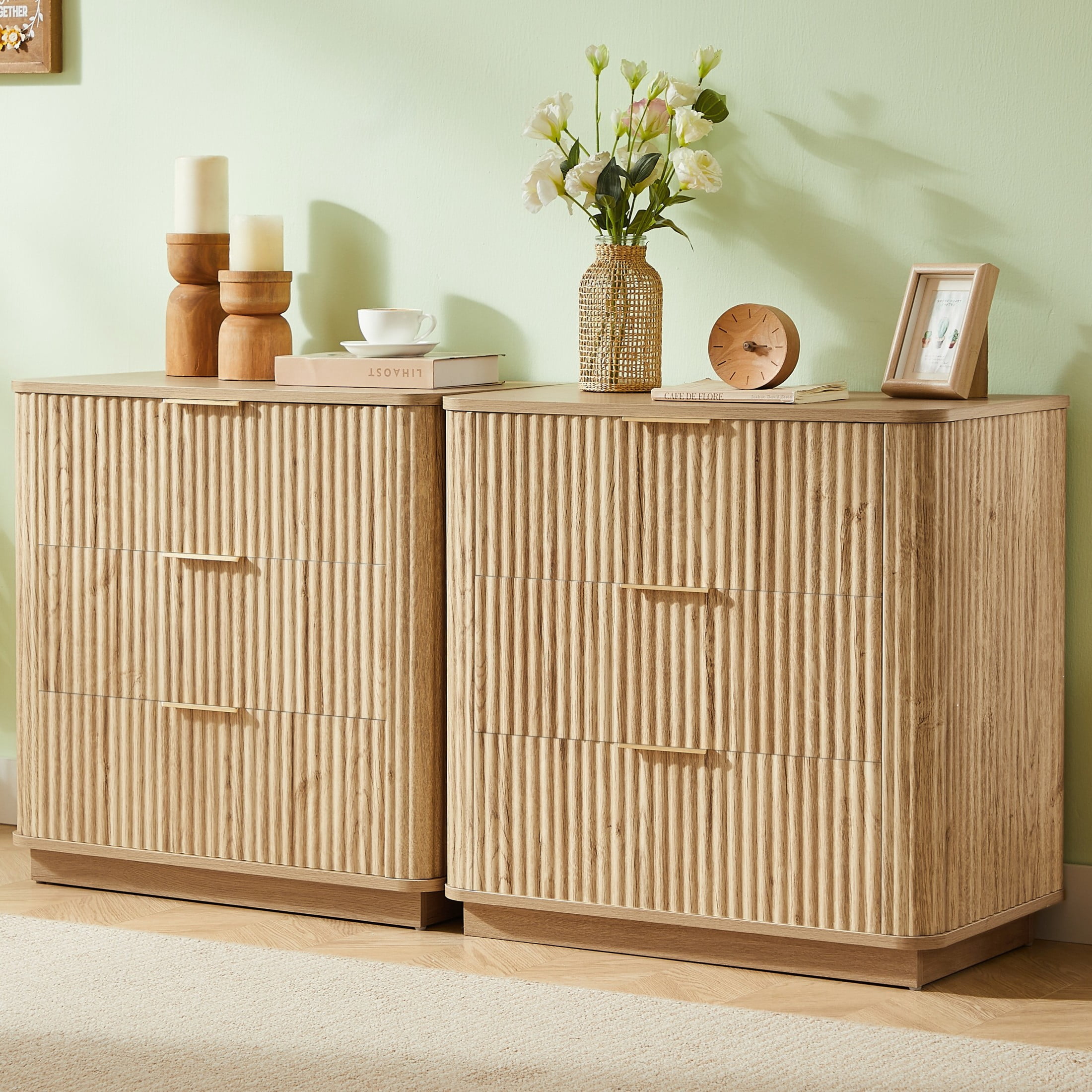 Noble House 28" 3-Drawer Bedroom Dresser, Wide Modern Chest of Drawers with Curved Wave Design, Oak, Set of 2