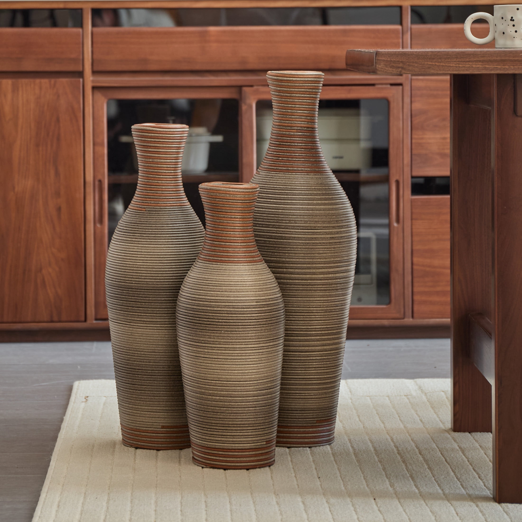 Noble House 28.35", 24.41", 20.47" PVC Rattan Floor Vase Set of 3, Hand-Woven, Brown Gray