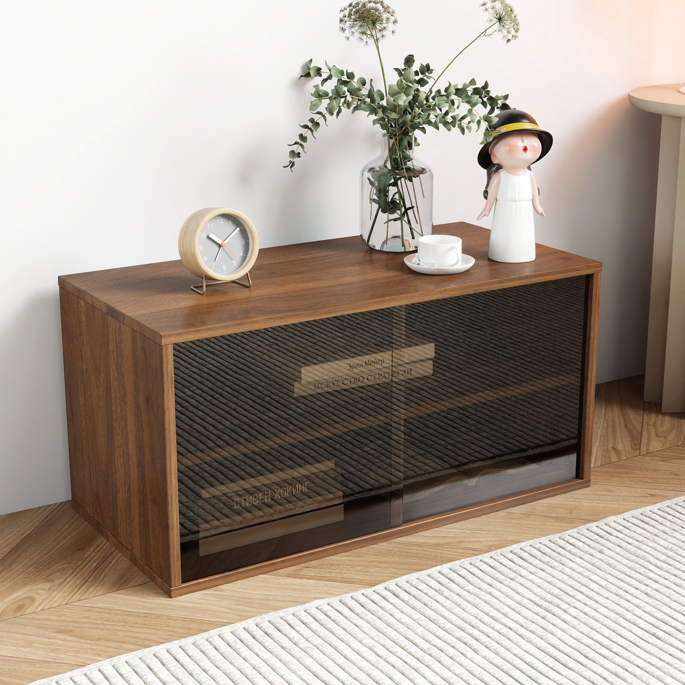Noble House 28.35" Stackable Mounted Cabinet, with Glass Sliding Doors, Modular Organizer, Walnut