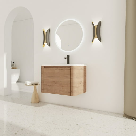 Noble House 28" Wall-Mounted Bathroom Vanity with White Ceramic Sink, Soft Close Door, Space-Saving Floating Plywood Cabinet for Small Bathroom, Imitative Oak