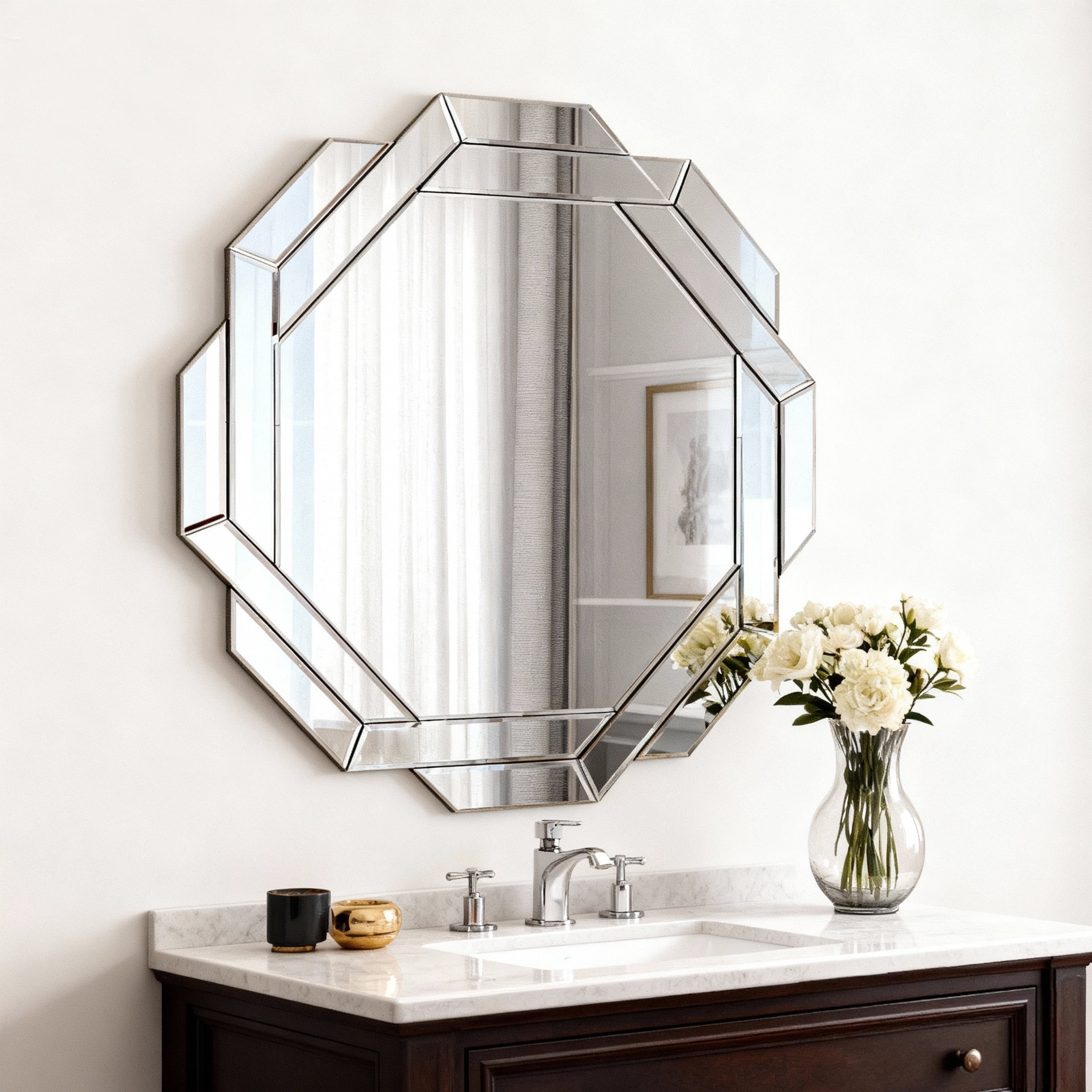 Noble House 29.92" Octagonal Wall Mirror, Frameless Beveled Edge Mirror for Living Room and Bathroom Decor,Silver