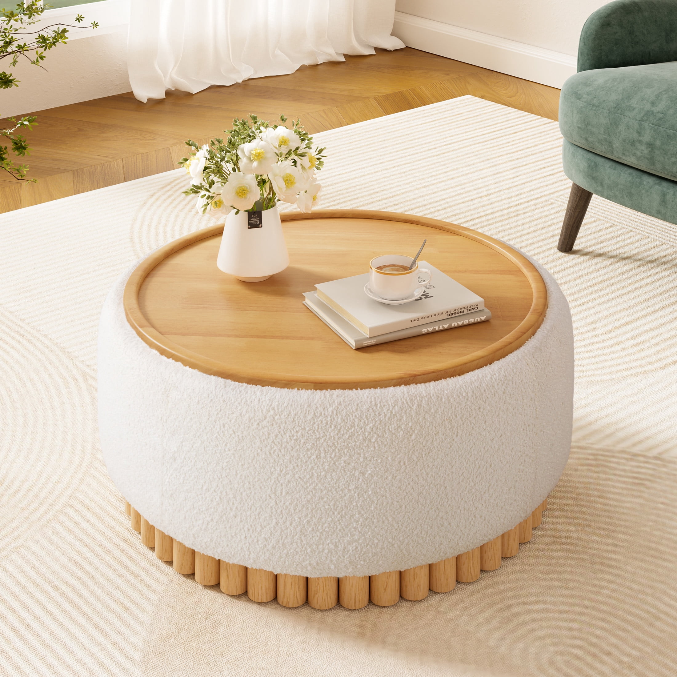 Noble House 29" Round Storage Ottoman with Reversible Wood Tray Lid and Base, Chenille Upholstered Footrest, Beige
