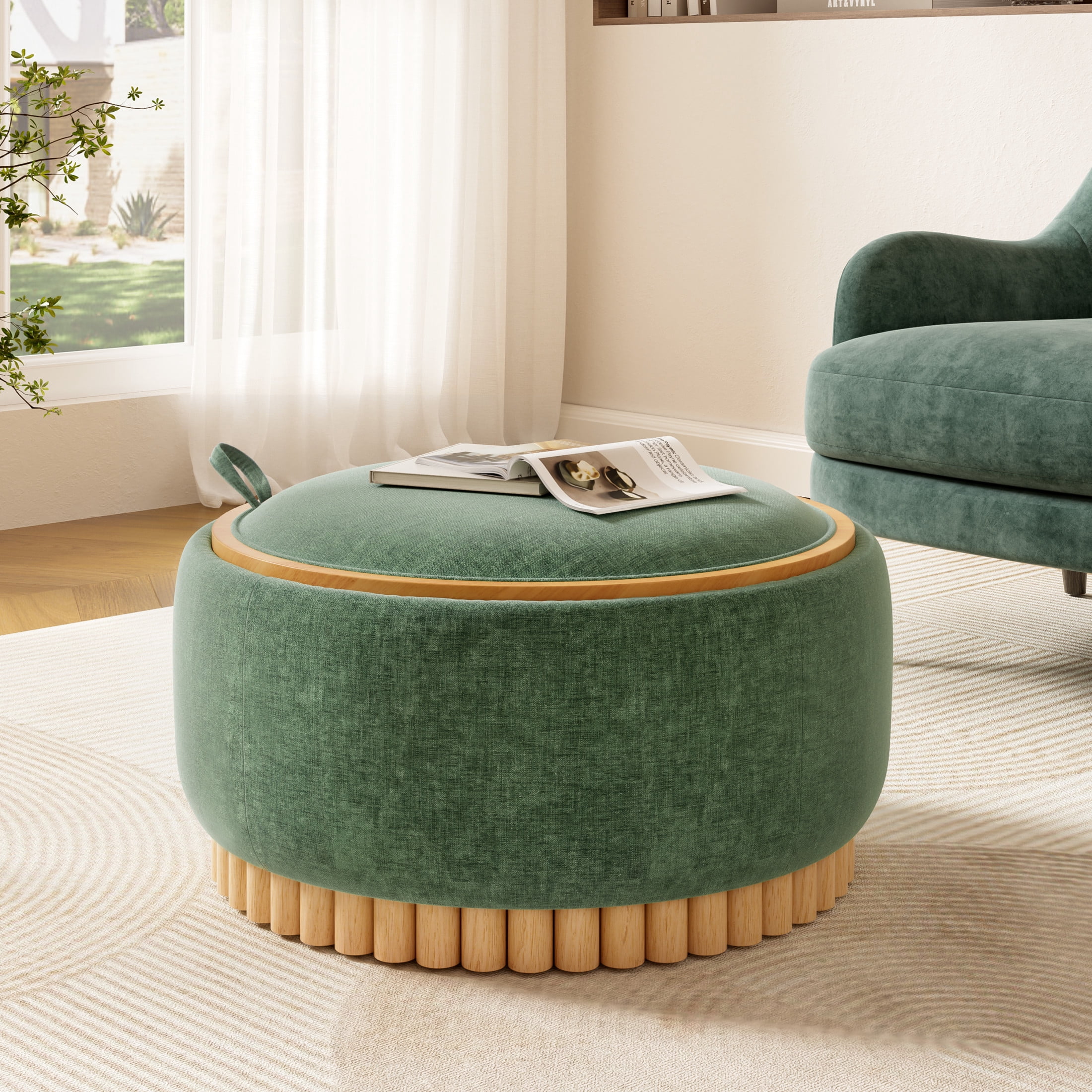 Noble House 29" Round Storage Ottoman with Reversible Wood Tray Lid and Base, Chenille Upholstered Footrest, Green