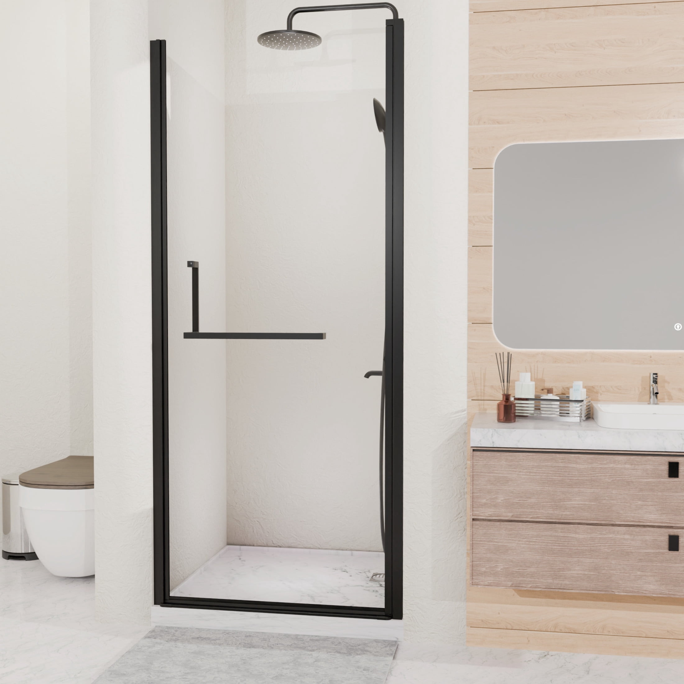 Noble House 29" Semi-Frameless Pivot Shower Door, Tempered Clear Glass, Reversible Adjustable Width, Matte Black