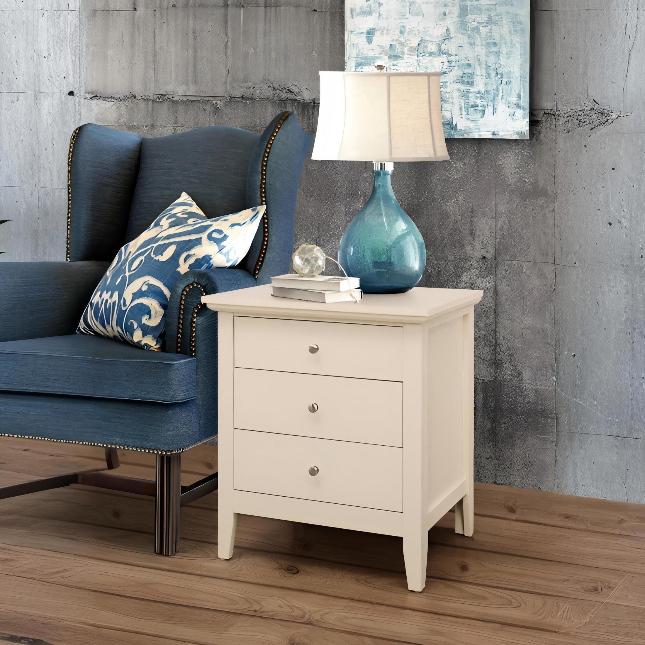 Noble House 3-Drawer Nightstand, Bedside Table with Particle Board Frame, Beige Finish