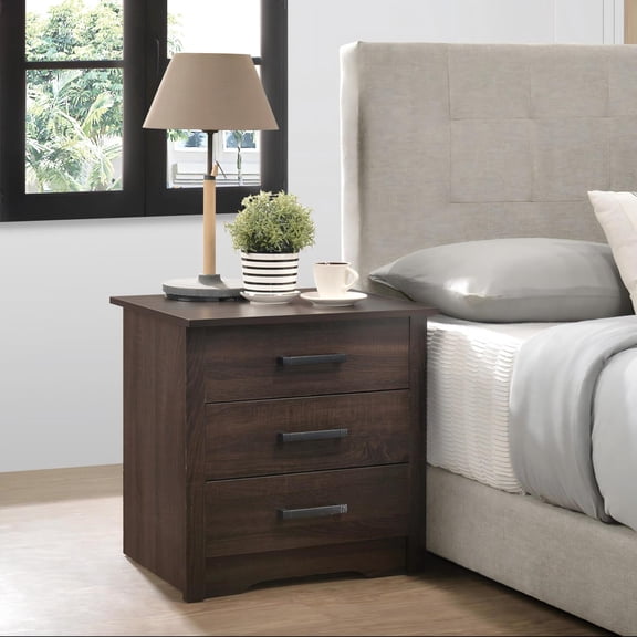 Noble House 3-Drawer Nightstand, Modern Bedside Table with Durable Particle Board Frame, Wenge Finish
