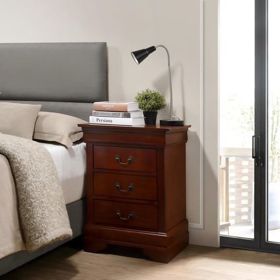 Noble House 3-Drawer Nightstand, Traditional Bedside Table with Particle Board Frame, Cherry Finish