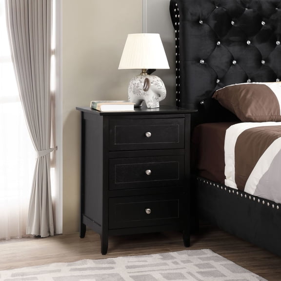 Noble House 3-Drawer Nightstand, Transitional Bedside Table with Durable Particle Board Frame, Black Finish