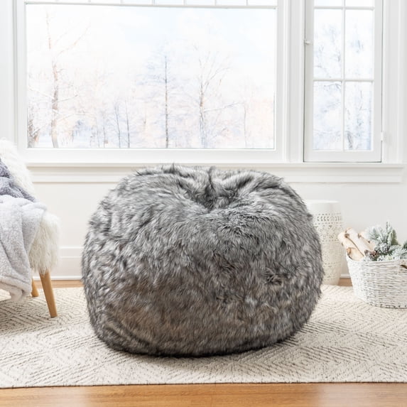 Noble House 3' Faux Fur Bean Bag Chair, Grey