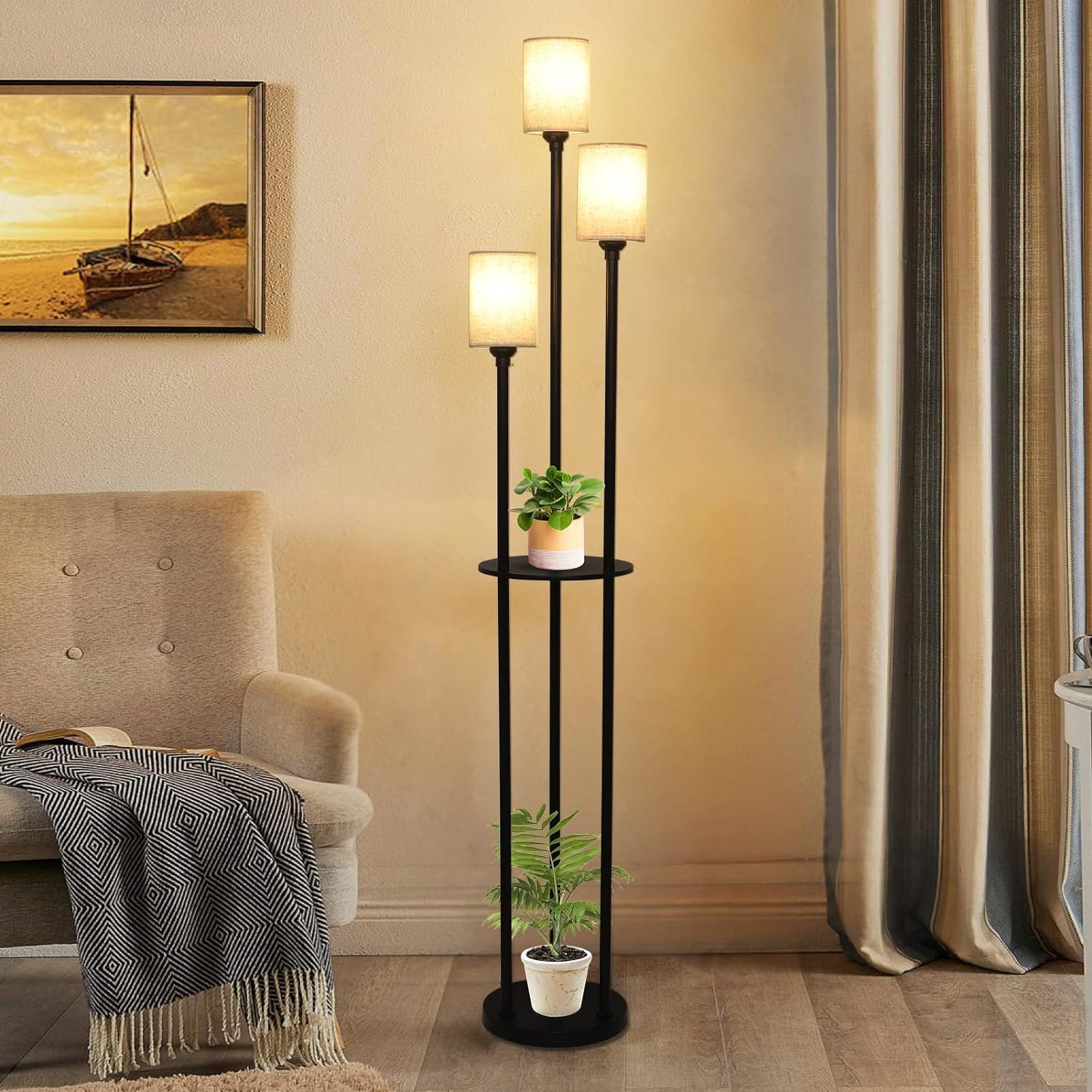 Noble House 3-Light Floor Lamp with Shelves, Black Industrial Tall Lamp with Linen Shades and Foot Switch, Black