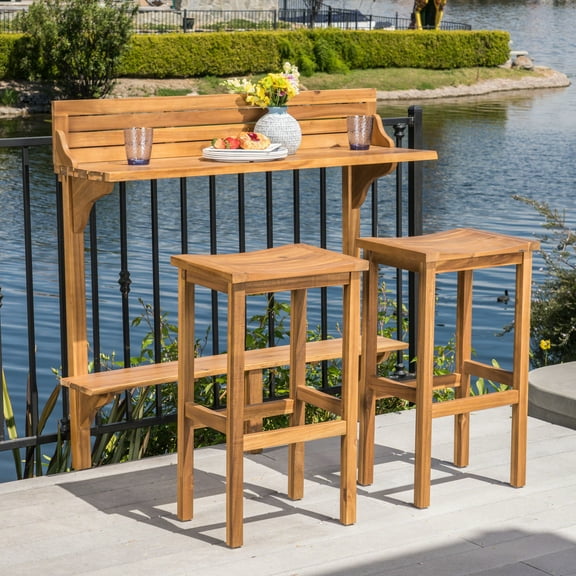 Noble House 3 Pcs Acacia Wood Balcony Bar Table and Stool Set, Natural Stained