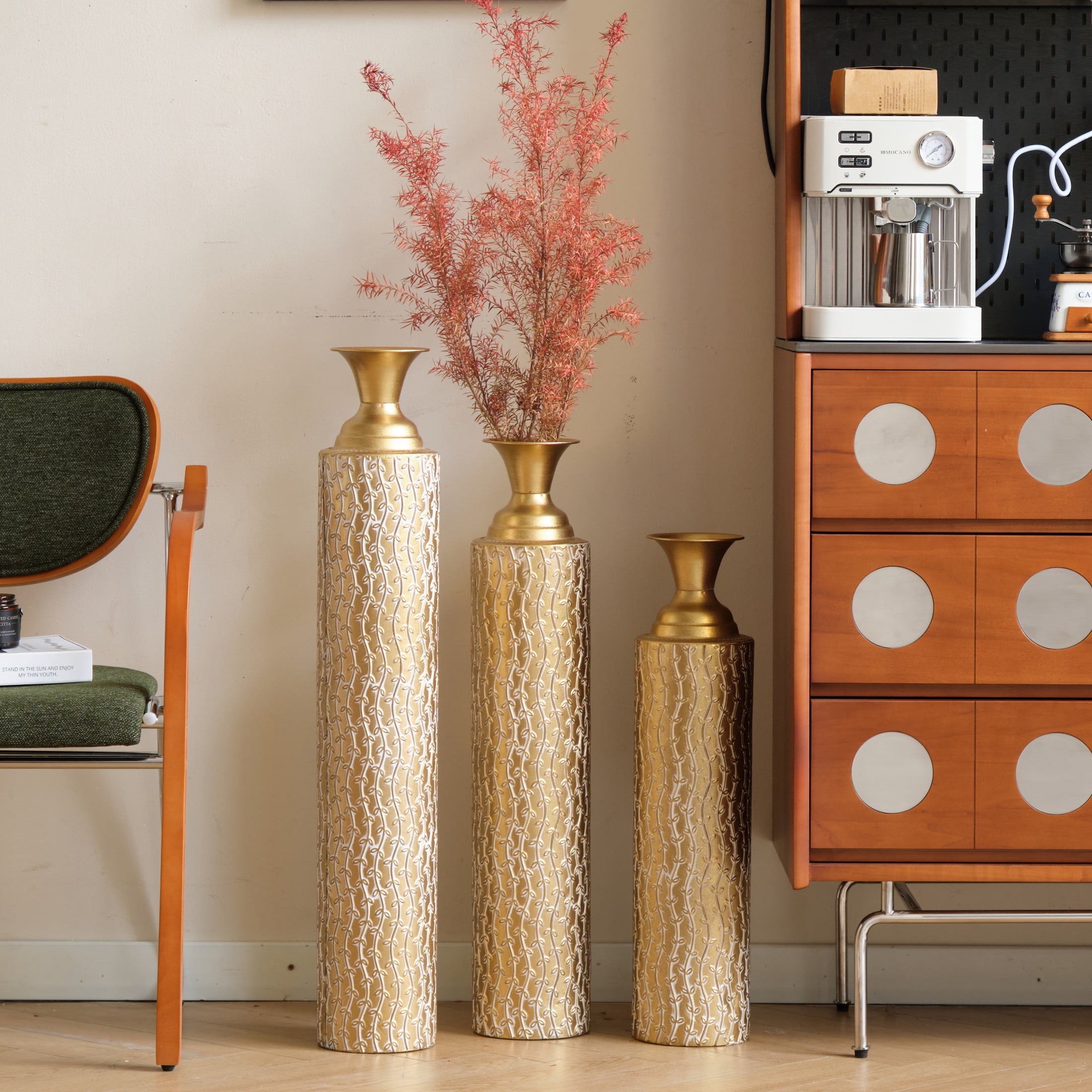 Noble House 3-Piece 33.86", 29.53", 24.8" Metal Floor Vases, Distressed Vine Pattern, Antique Gold