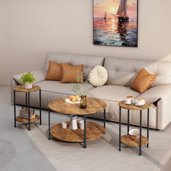 Noble House 3-Piece Coffee Table and End Table Set, Modern Industrial Farmhouse Living Room Set, Rustic Brown