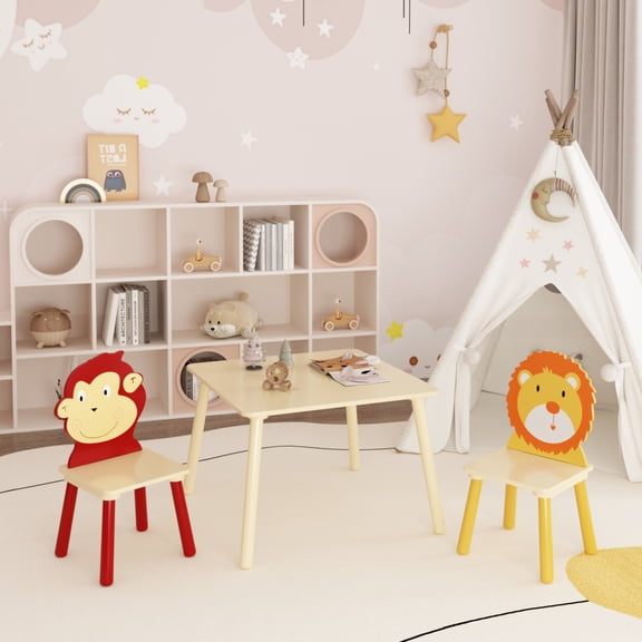 Noble House 3-Piece Kids Table and 2 Chairs Set, Solid Wood Cartoon Play Table, Play Room, Lion & Monkey, Natural