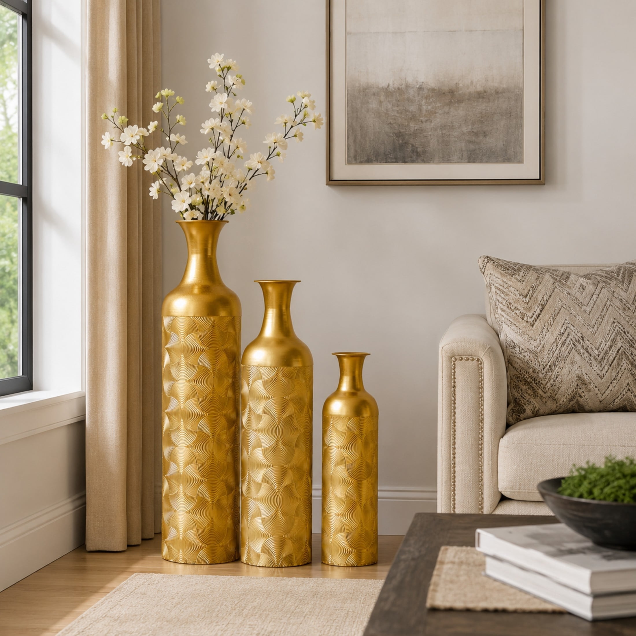 Noble House 3-Piece Metal Floor Vase Set, 32.68", 25.98", 19.69" Decorative Vases with Wave Pattern, Gold