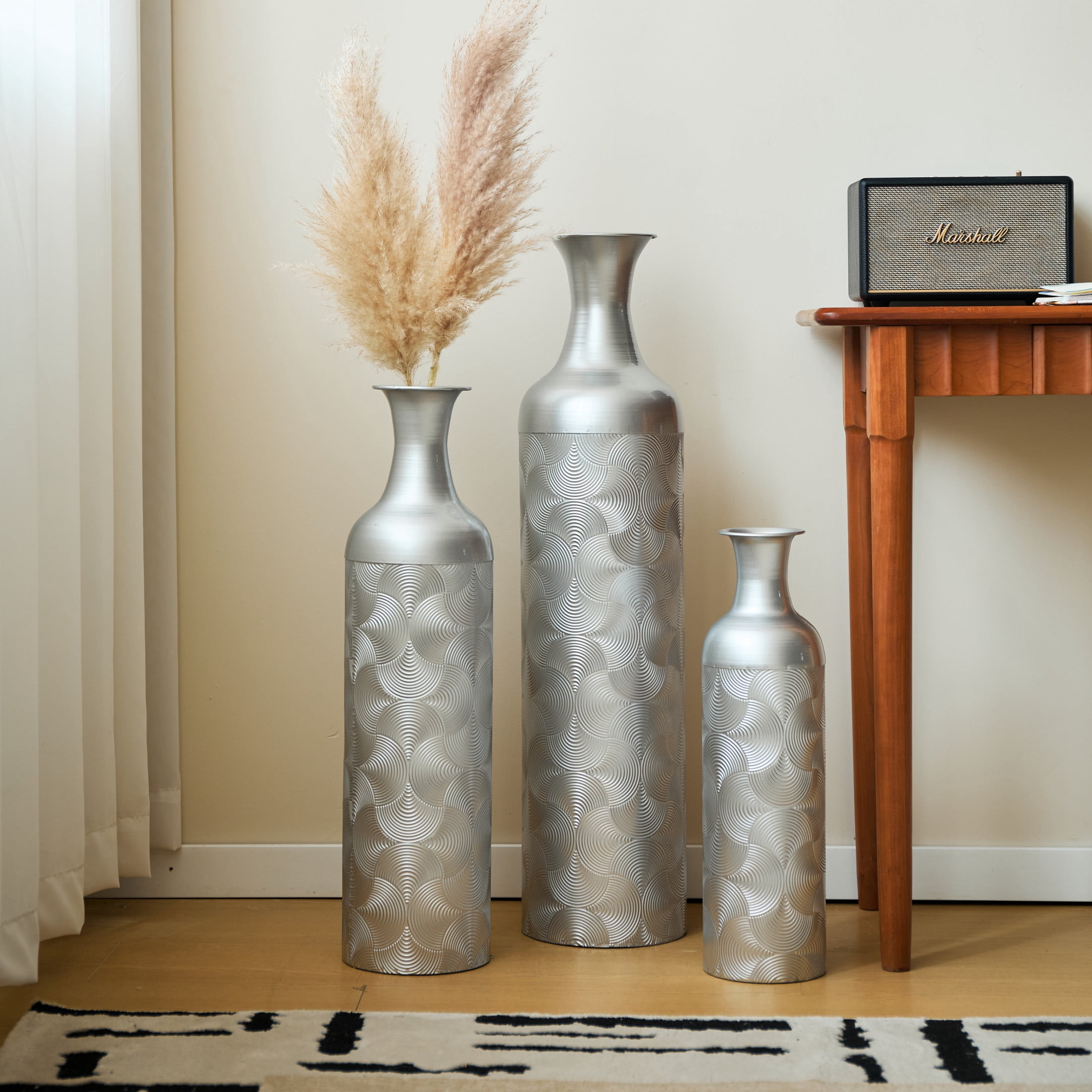 Noble House 3-Piece Metal Floor Vase Set, 32.68", 25.98", 19.69" Decorative Vases with Wave Pattern, Silver