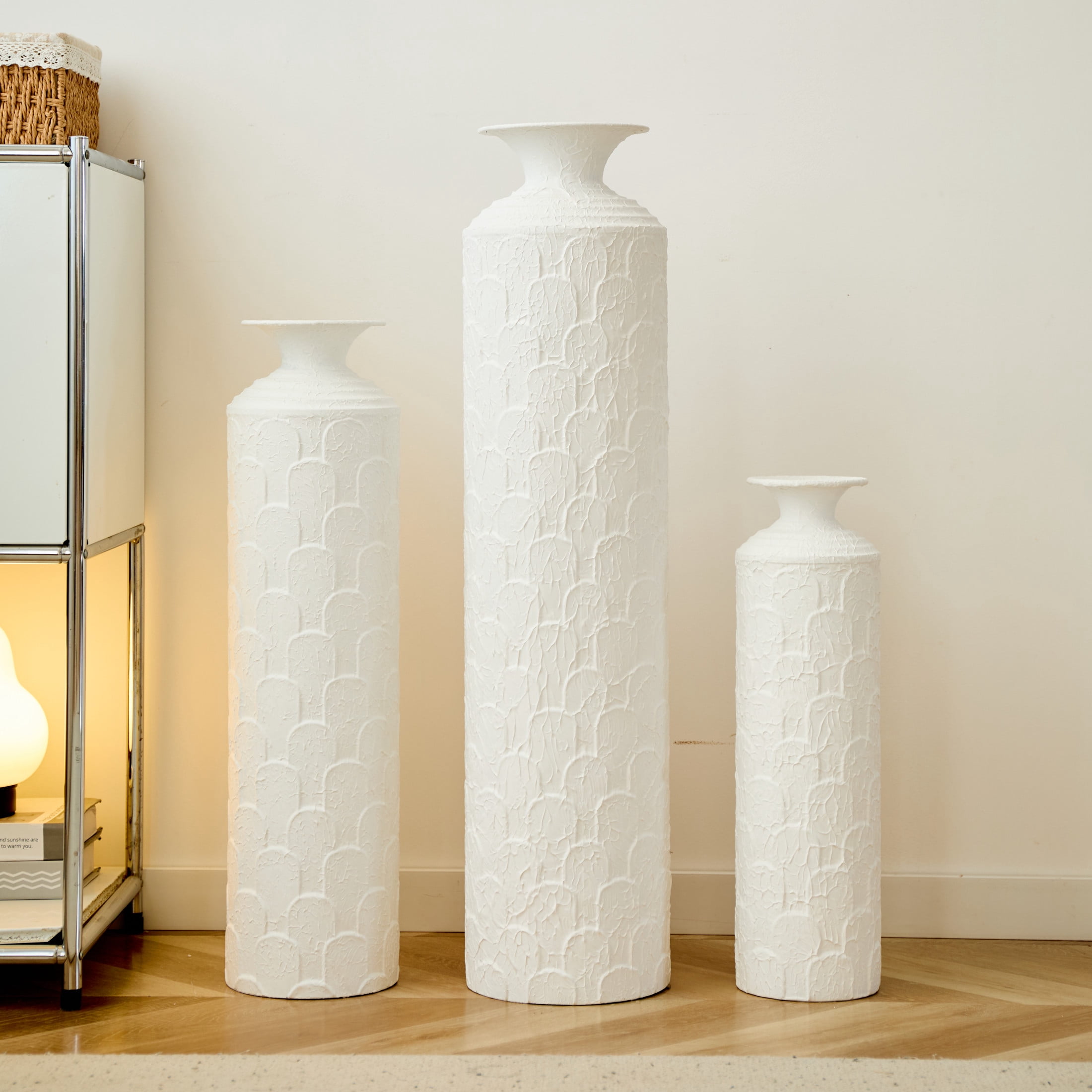 Noble House 3-Piece Metal Floor Vase Set, 33.46", 25.59", 19.69" Textured Decorative Vases, White