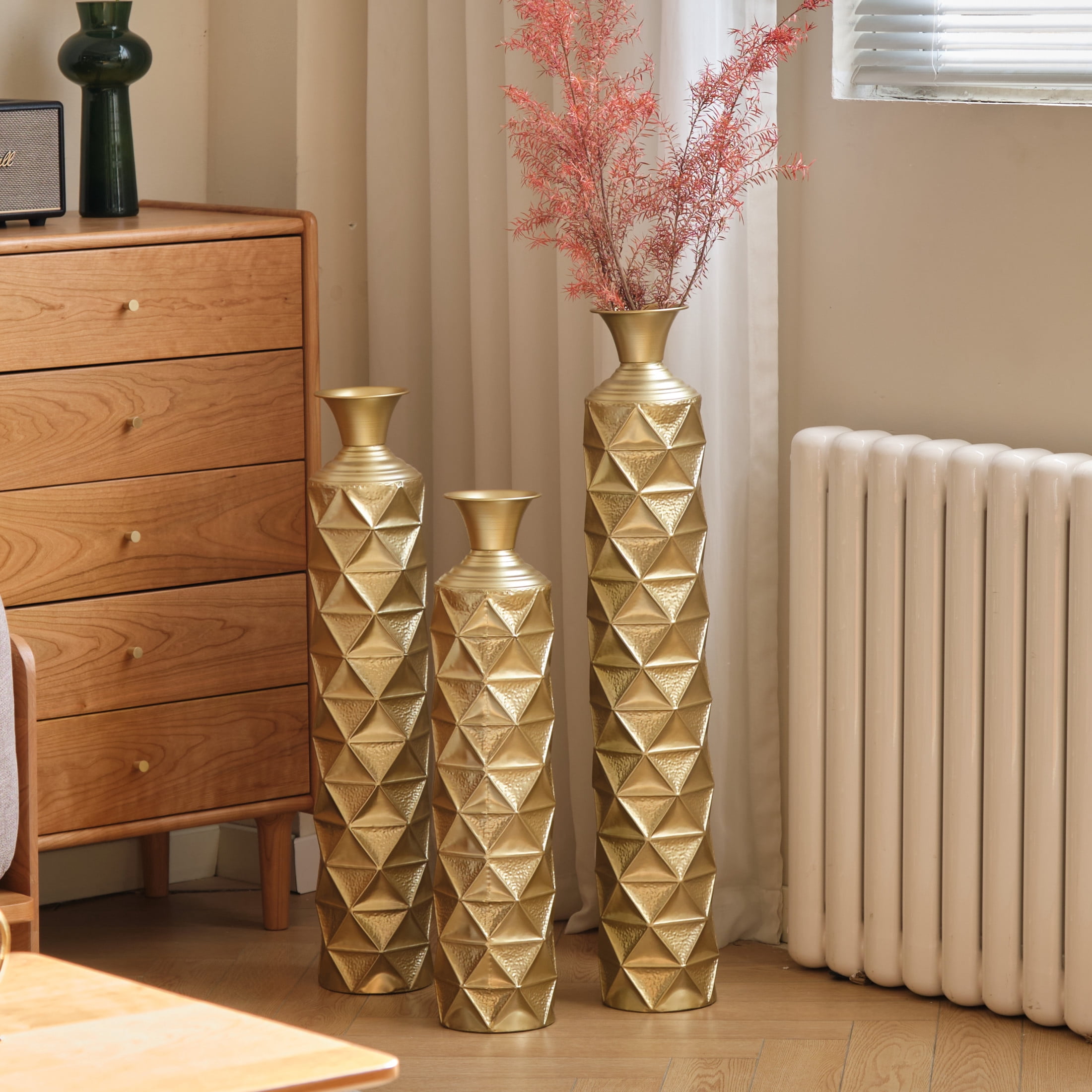 Noble House 3-Piece Metal Floor Vase Set, 33.5", 29.5", 25.2" Diamond Pattern Vases, Antique Gold
