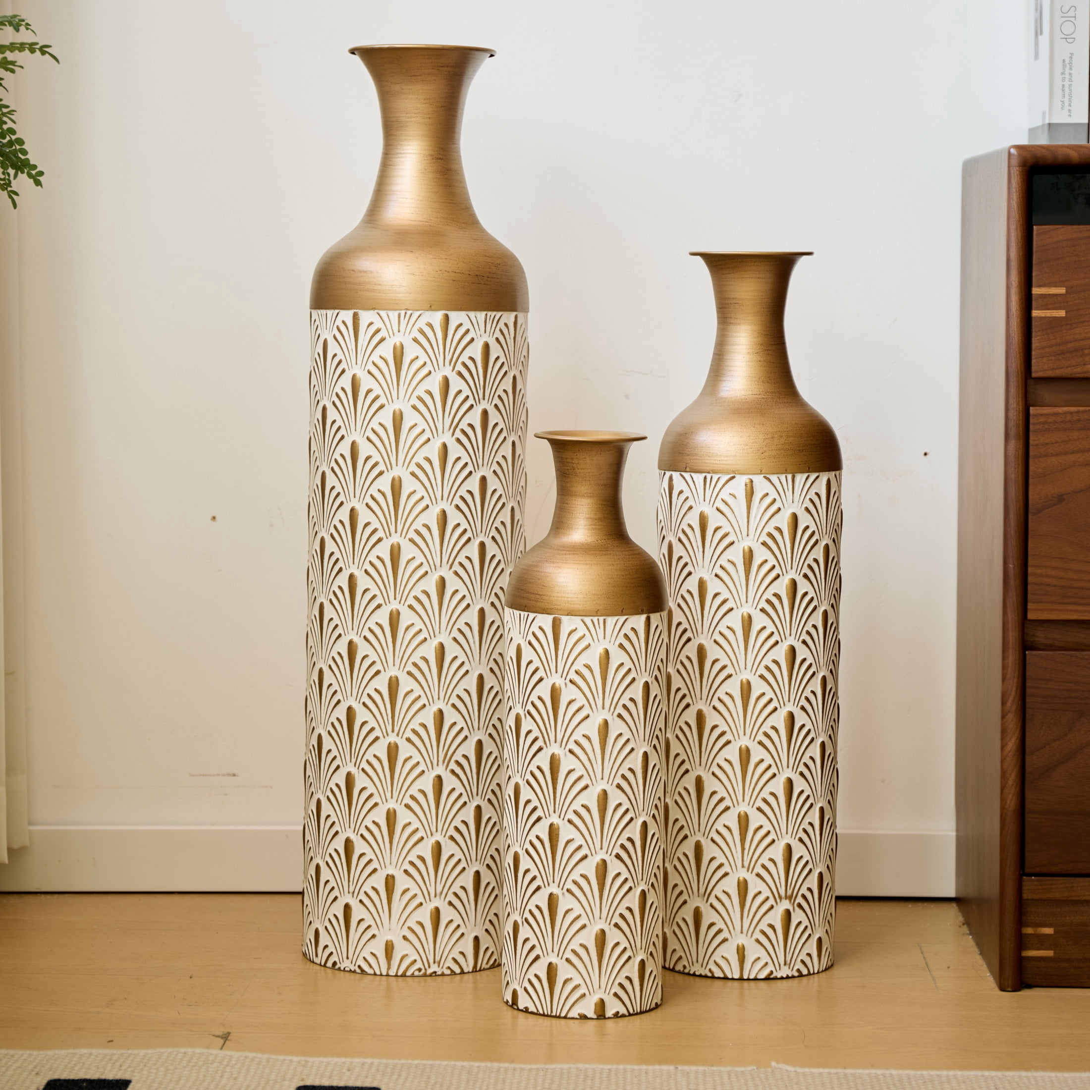 Noble House 3-Piece Metal Floor Vase Set, Decorative Vases with Fan Pattern, Antique Brass + White