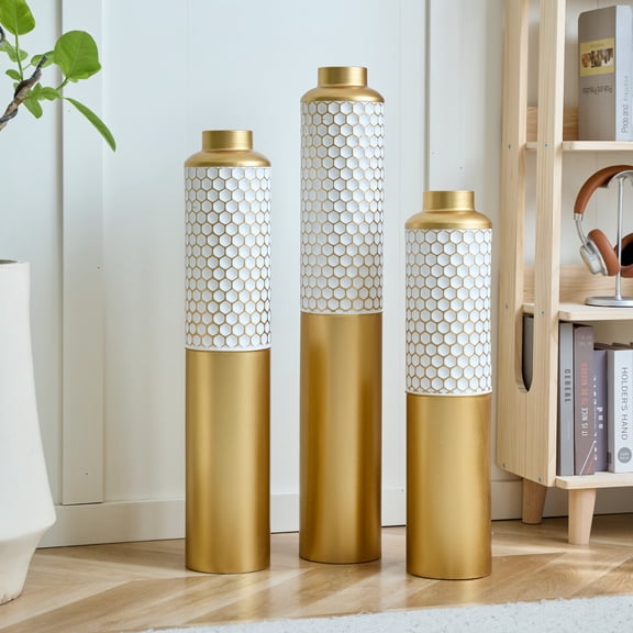 Noble House 3-Piece Metal Floor Vase Set, Textured Hexagonal Pattern Decorative Vases, Gold + White