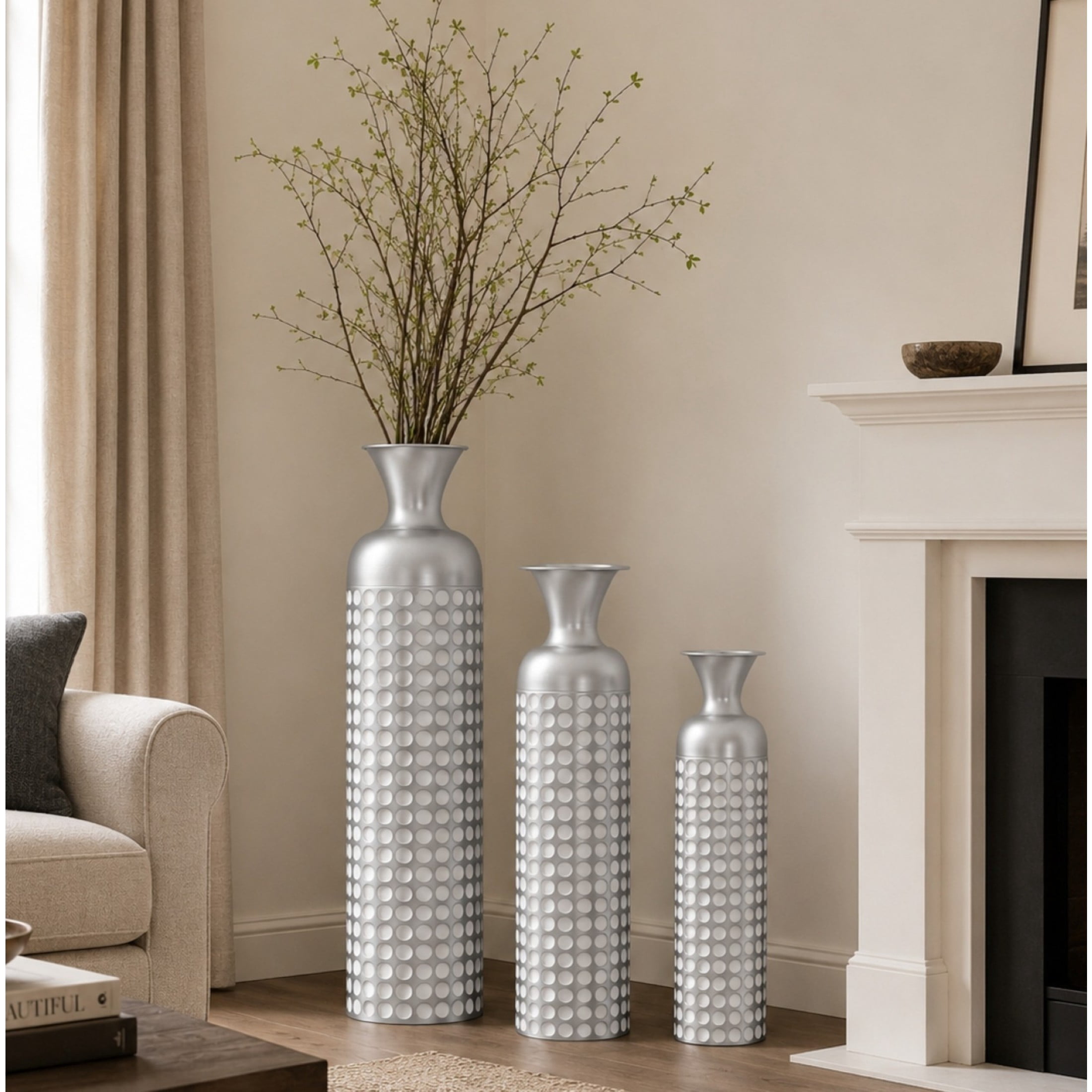 Noble House 3-Piece Metal Vase Set, 33.07", 25.98", 19.49" Nested Embossed Decorative Vases, Vintage Silver