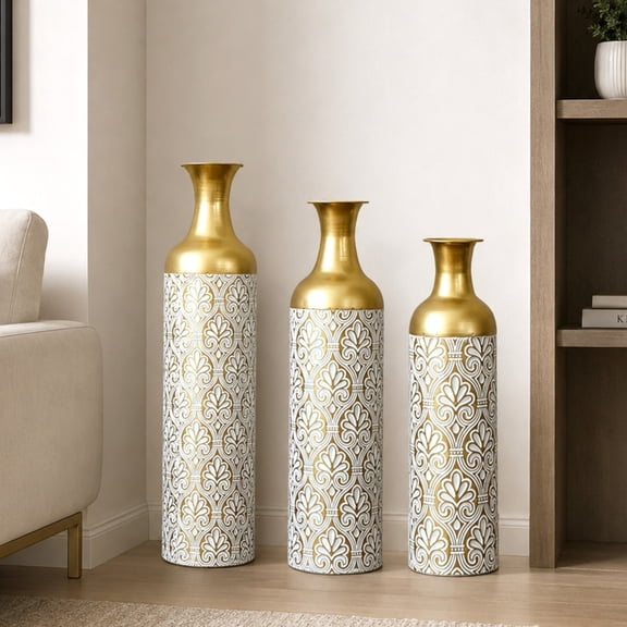 Noble House 3-Piece Metal Vase Set, Tall Embossed Decorative Cylinder Vases, Gold + White