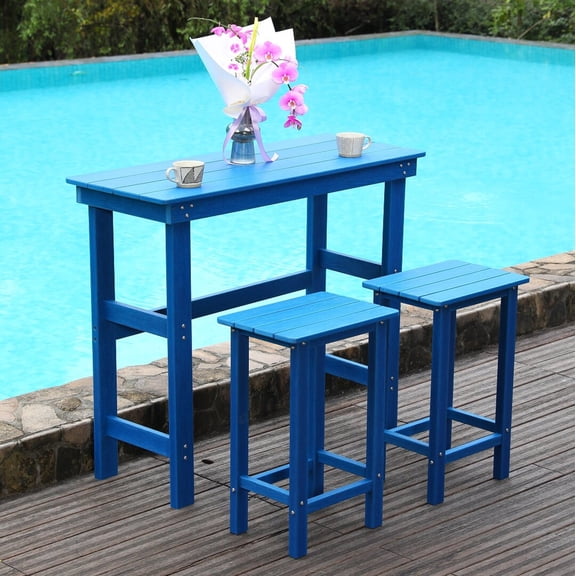 Noble House 3-Piece Outdoor Bistro Set, High-Top Bar Table and Backless Stools, All-Weather Garden Furniture, Lake Blue