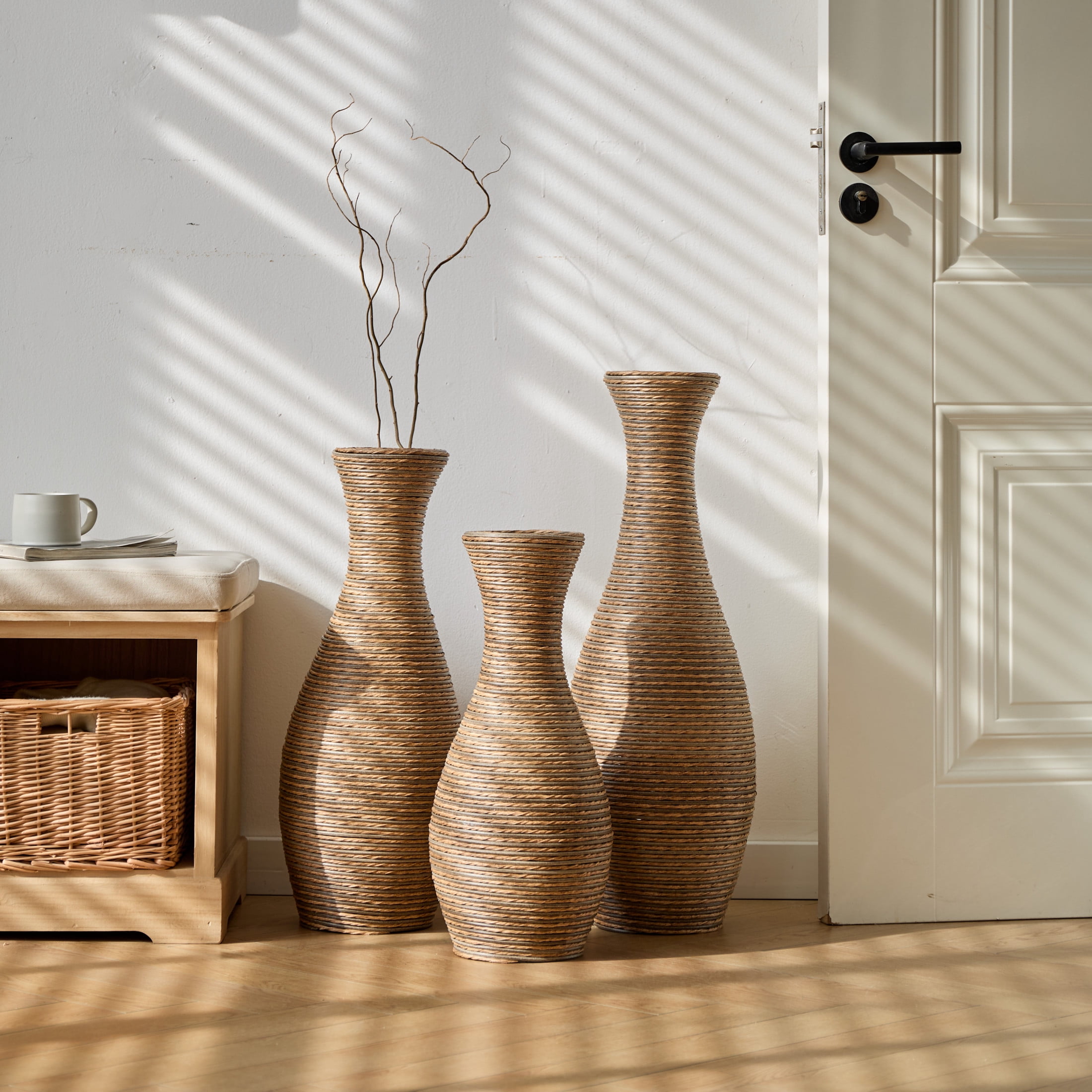 Noble House 3-Piece Rattan-Look PVC Floor Vase Set, Decorative Vases for Home Decor, Beige