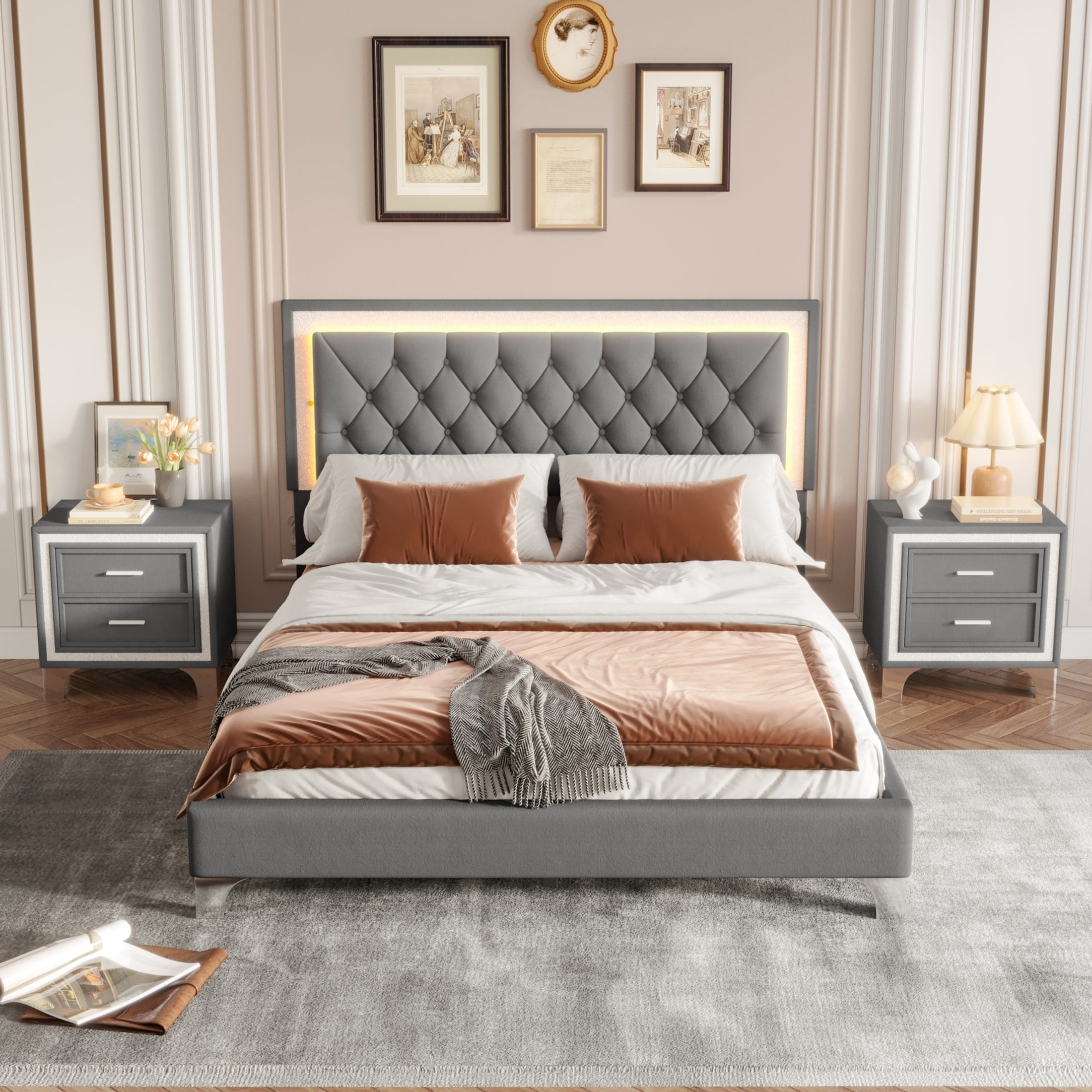 Noble House 3-Pieces Bedroom Sets,Queen Size Upholstered Platform Bed with LED Lights and Two Nightstands,Gray