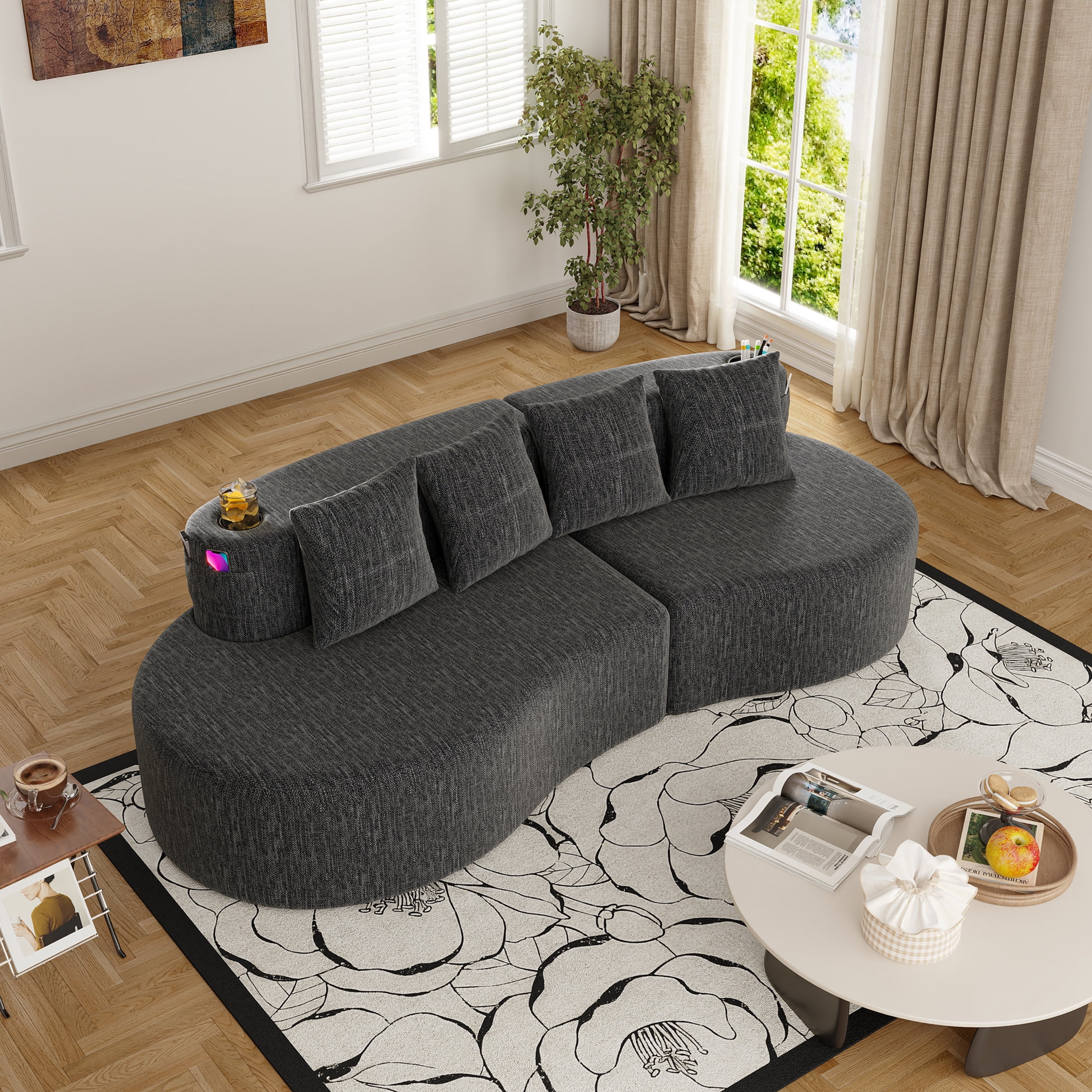 Noble House 3-Seat Curved Chenille Sectional Sofa, Modular Half Moon Couch, Dark Gray