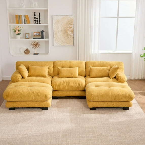 Noble House 3-Seater U-Shape Cloud Couch, Pelletized Velvet Sectional Sofa with Ottomans, Bolster Armrests, Mustard Yellow