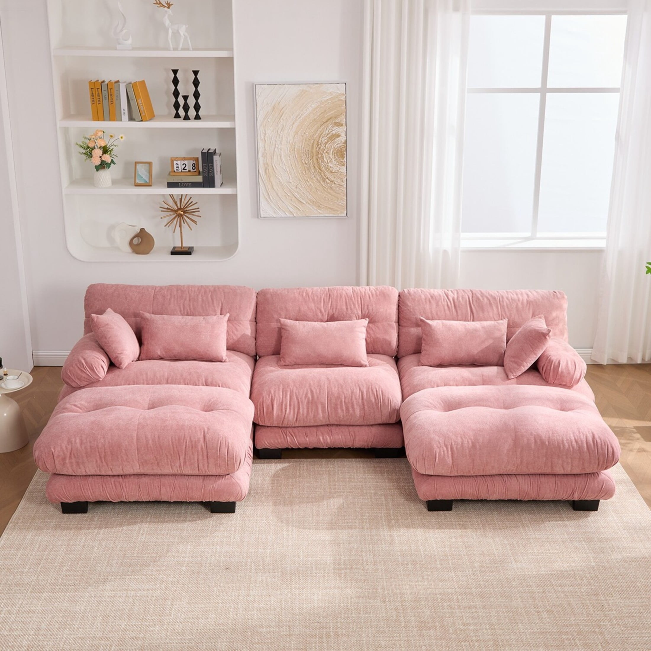 Noble House 3-Seater U-Shape Cloud Couch, Pelletized Velvet Sectional Sofa with Ottomans, Bolster Armrests, Pink