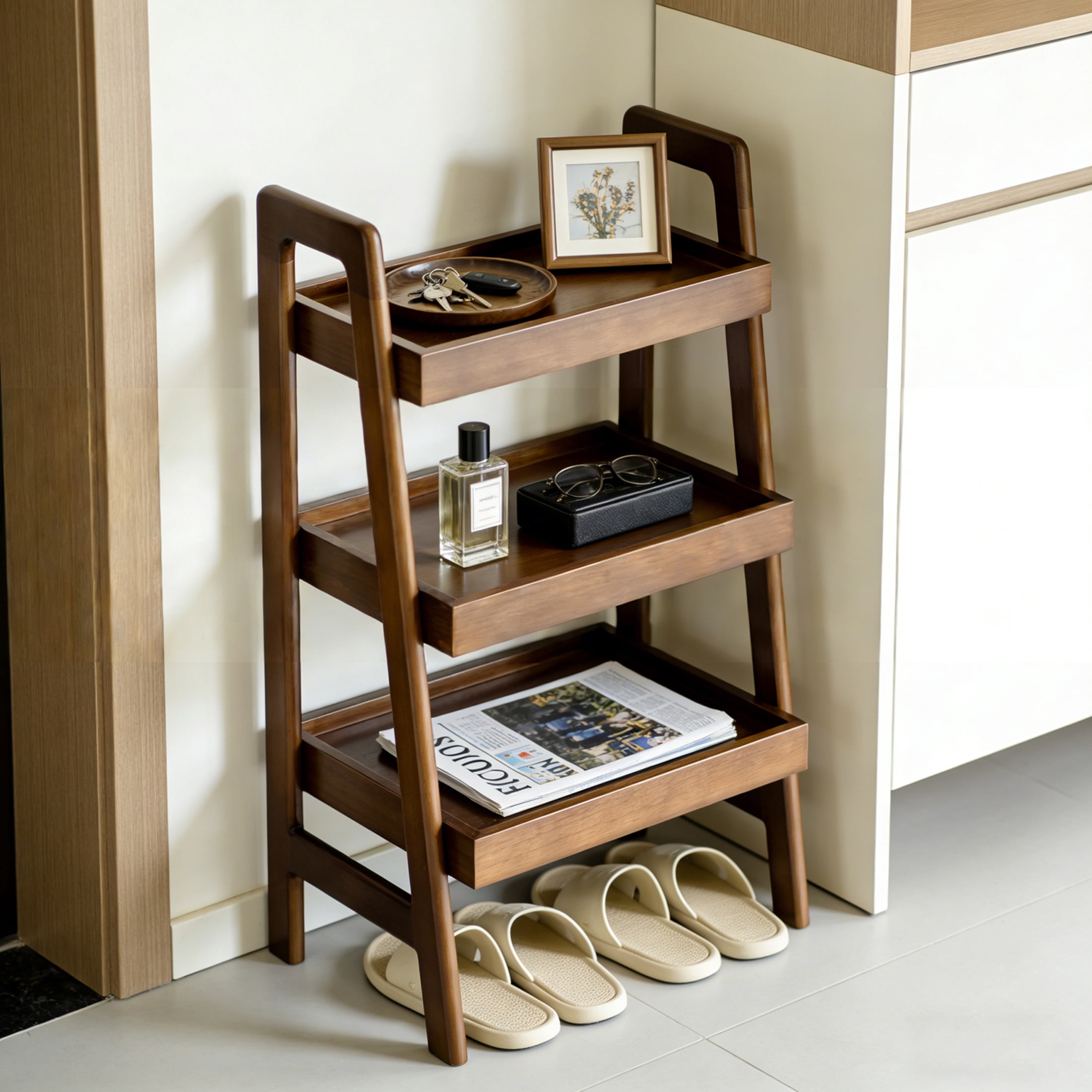 Noble House 3-Tier Solid Wood Ladder Shelf, Small Bookshelf and Side Table with Open Storage, Space Saving, Walnut