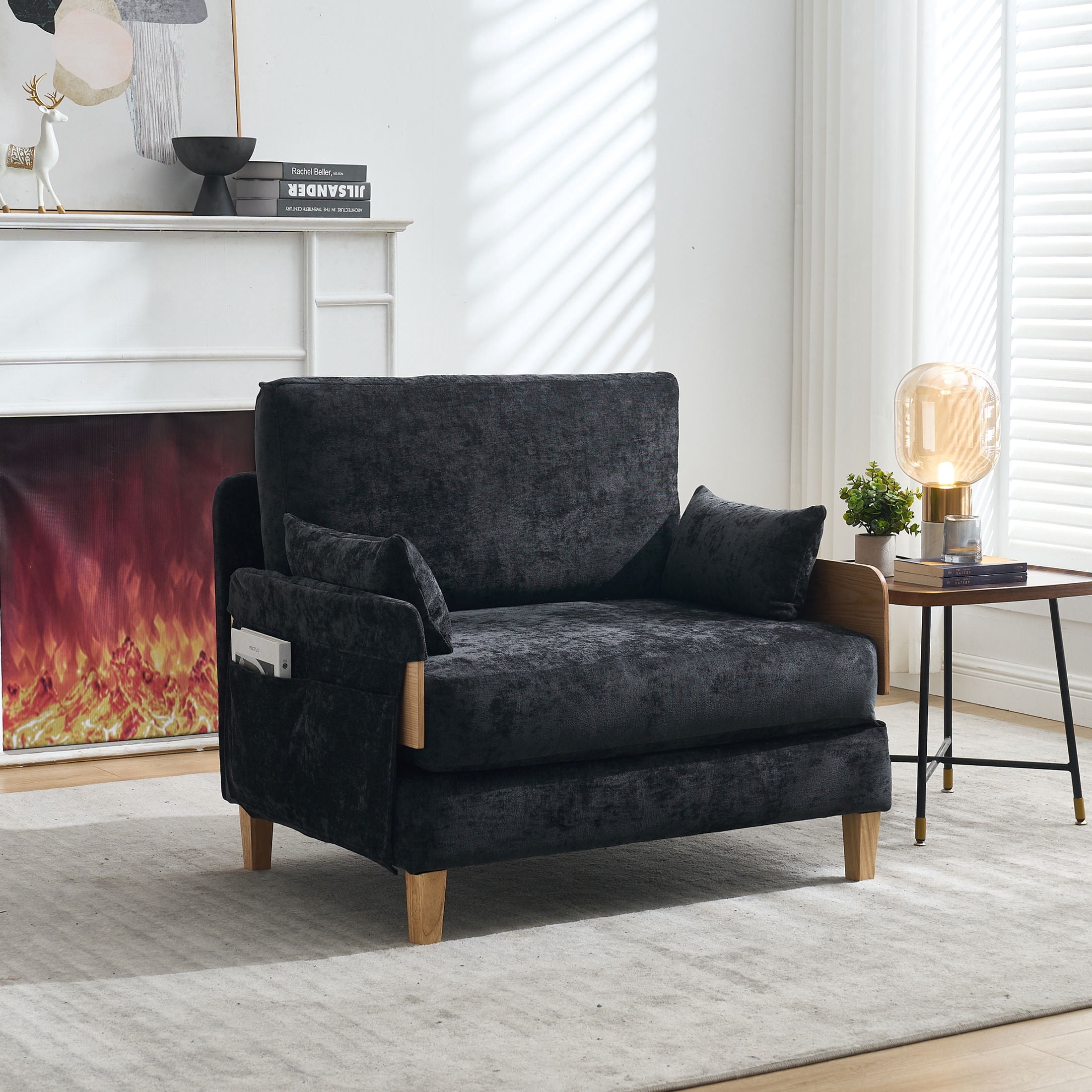 Noble House 3-in-1 Convertible Chenille Sofa Bed Chair, Foldable Sleeper Recliner with 3 Pillows, Black