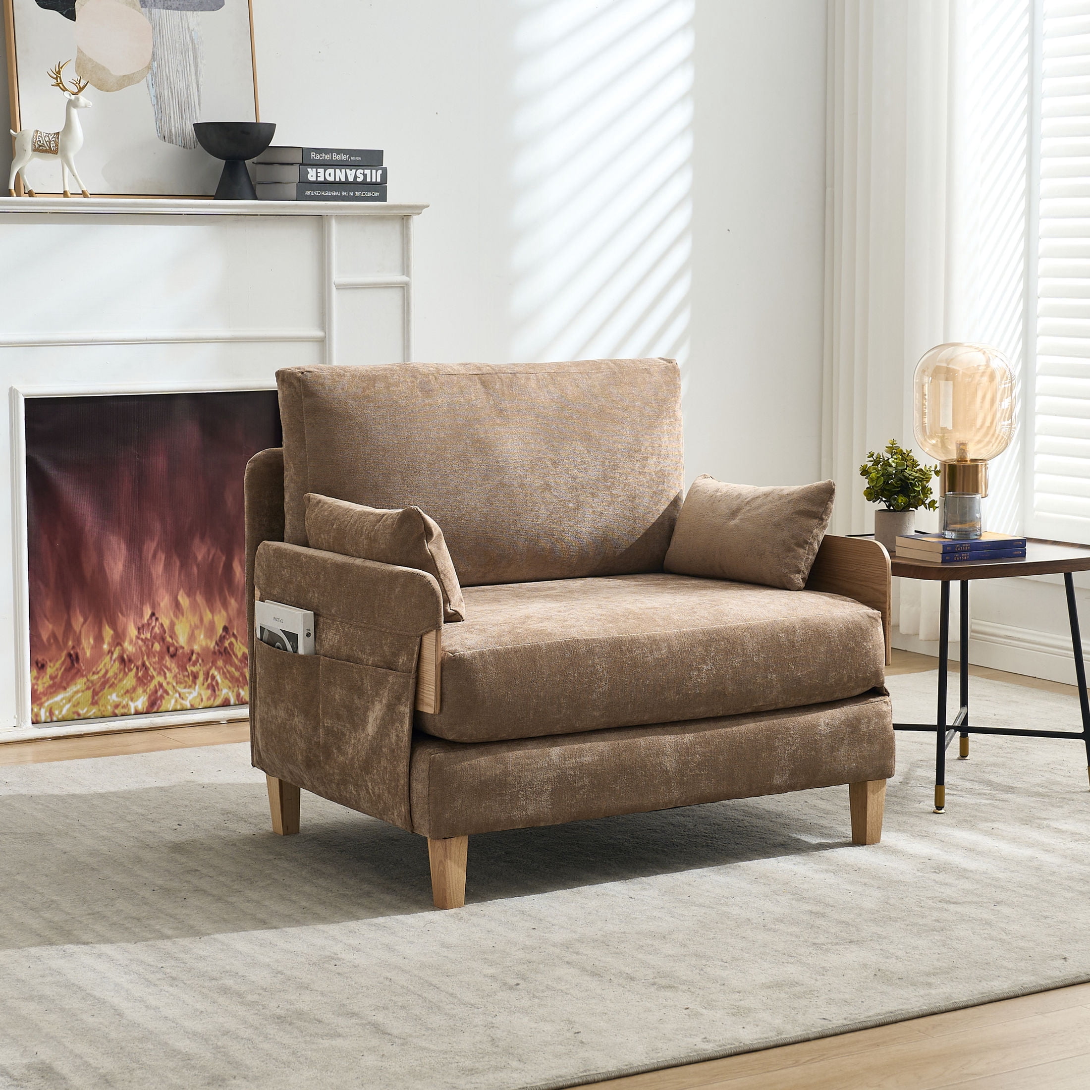 Noble House 3-in-1 Convertible Chenille Sofa Bed Chair, Foldable Sleeper Recliner with 3 Pillows, Light Brown