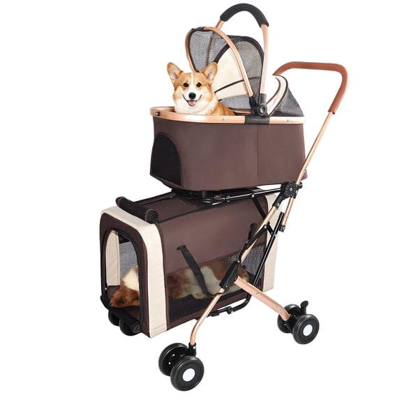 Noble House 3-in-1 Double Pet Stroller for Dogs & Cats with Detachable Carriers, Foldable Frame, Khaki