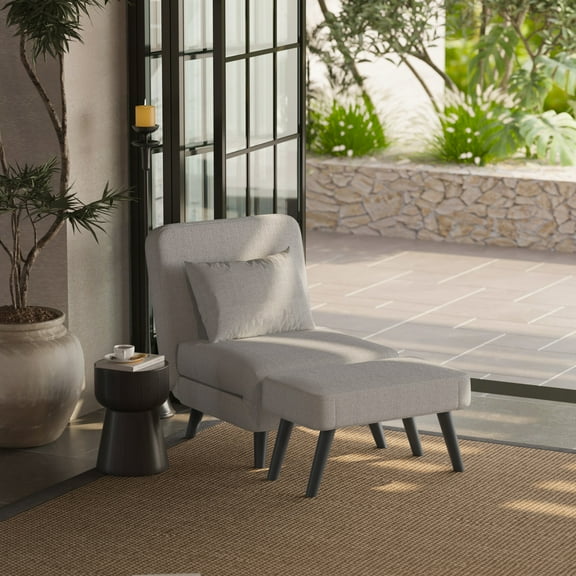 Noble House 3-in-1 Foldable Linen Chaise Lounge, Adjustable Chair Bed with Footrest & Pillow, Convertible, Gray