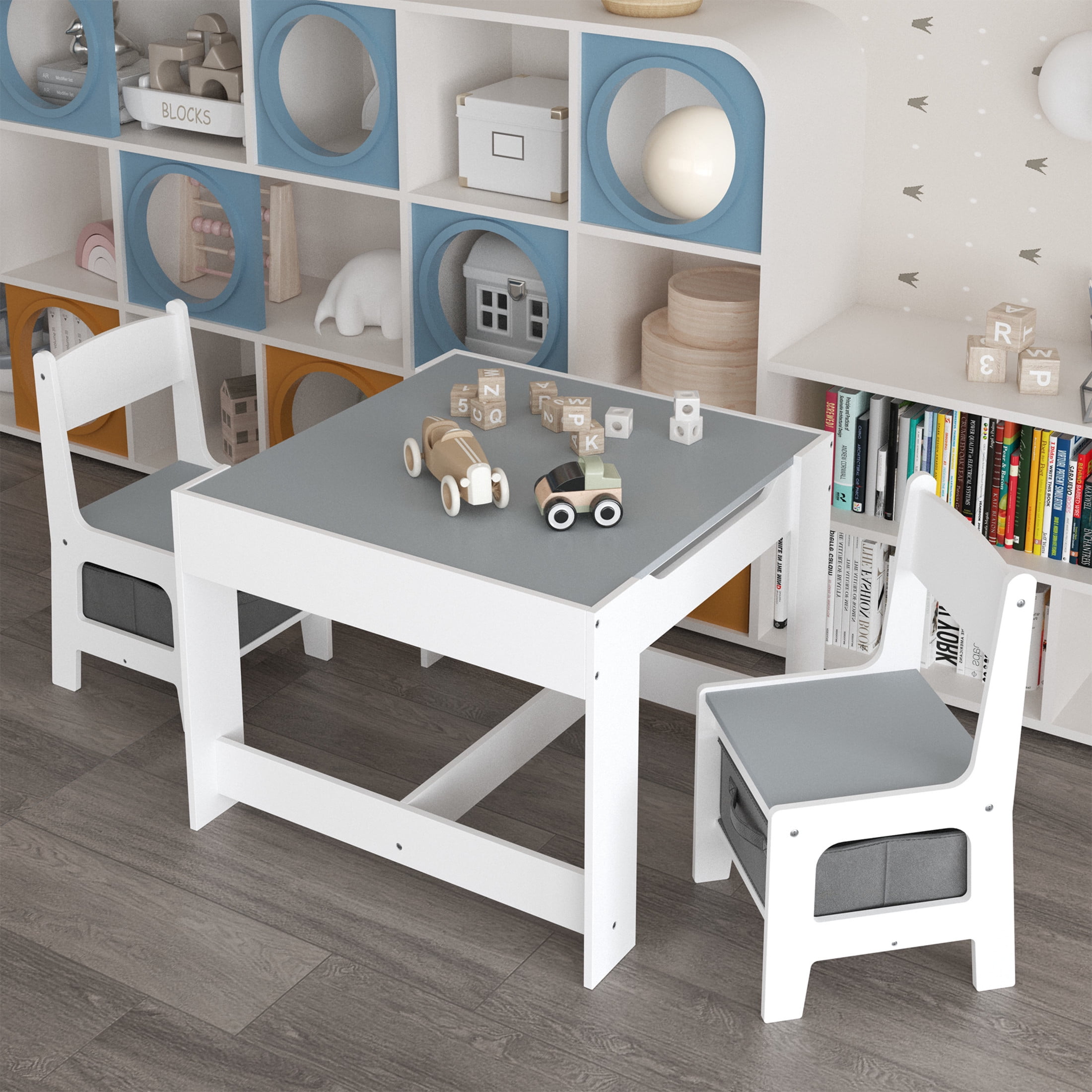 Noble House 3-in-1 Kids Wooden Activity Table and 2 Chairs Set, Reversible Blackboard Top with Storage Drawer, White