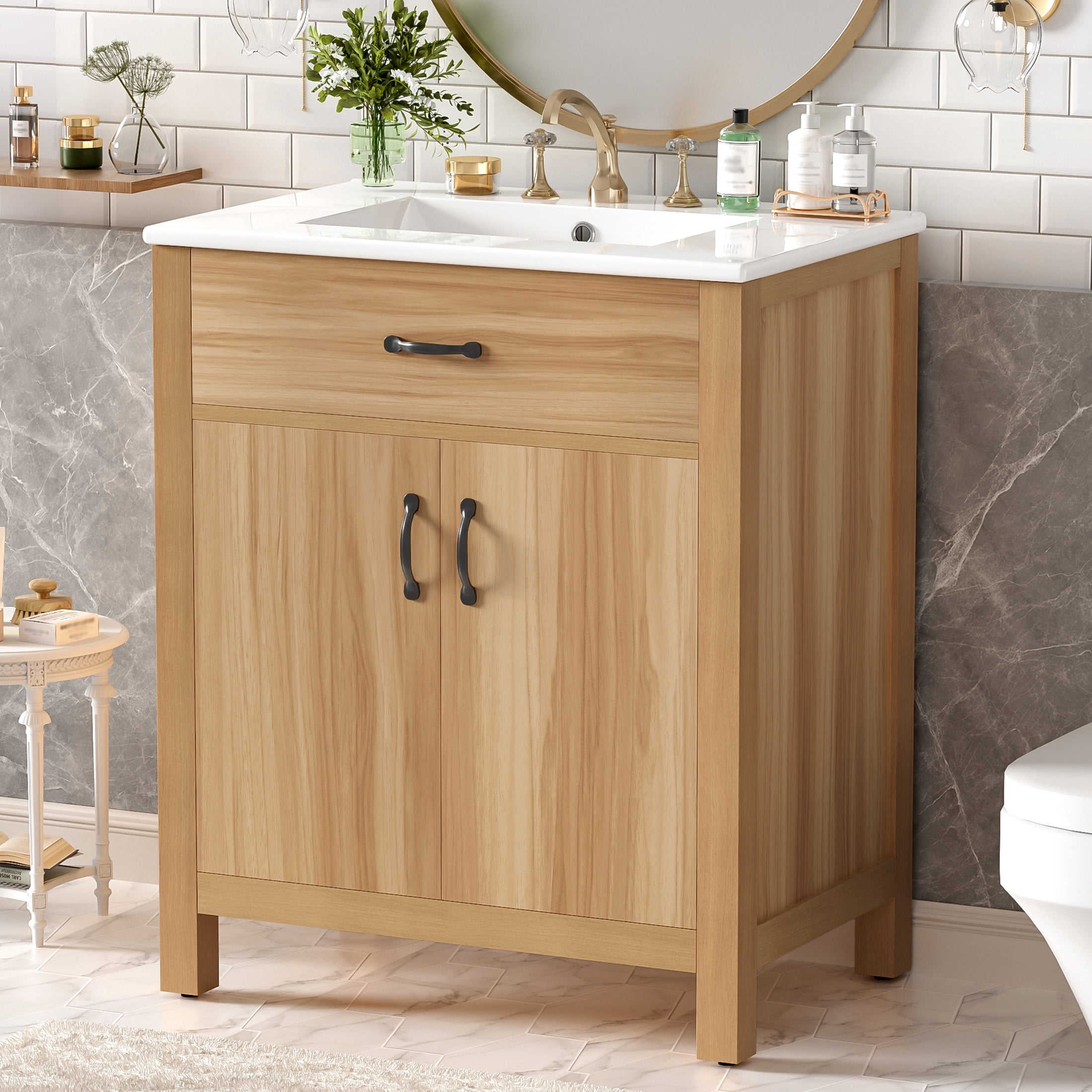 Noble House 30" Bathroom Vanity with Ceramic Sink, Flip Drawer, Soft Close Doors, Adjustable Shelf, Wood Finish