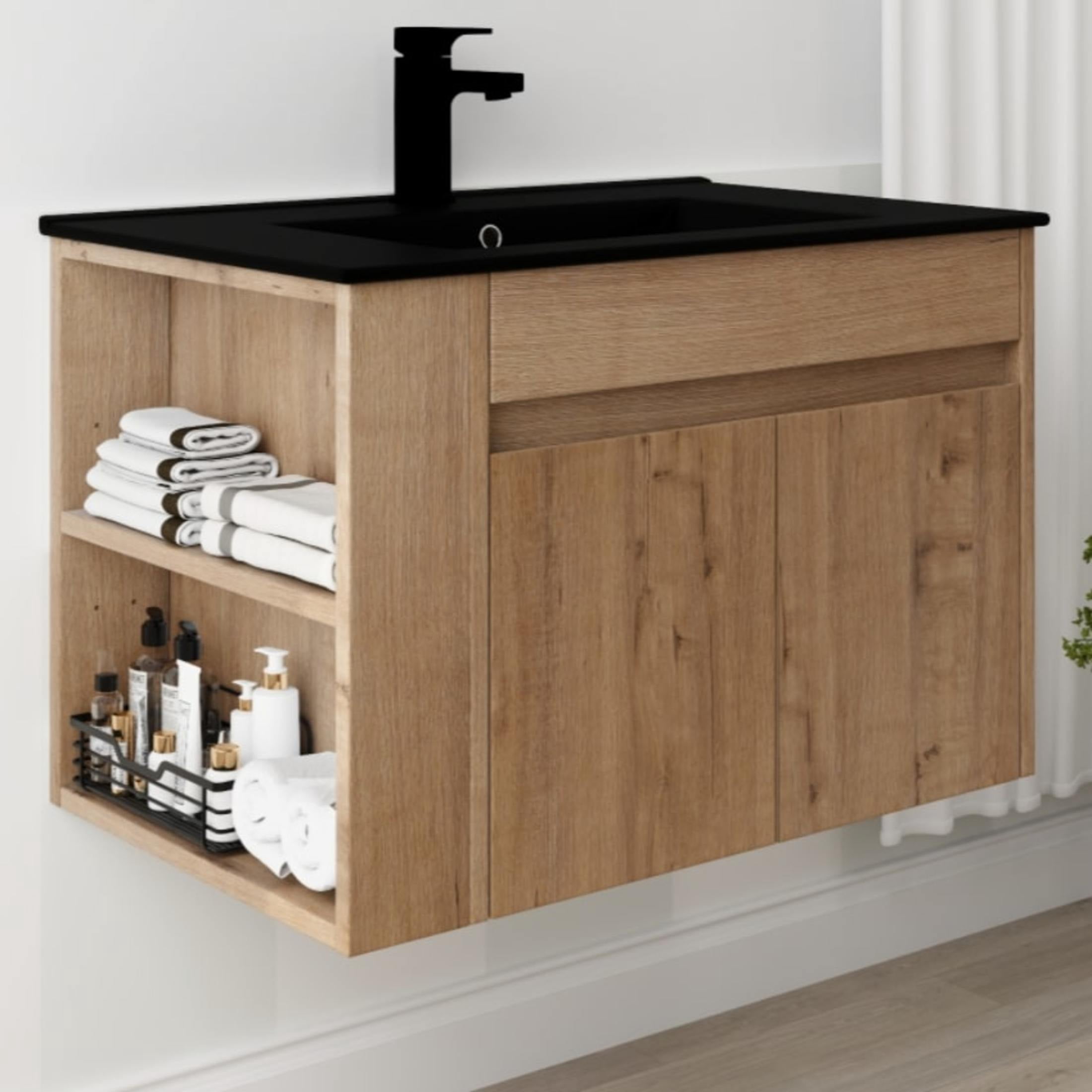 Noble House 30" Floating Bathroom Vanity with Black Ceramic Basin, Soft-Close, Adjustable Open Shelf, Imitative Oak