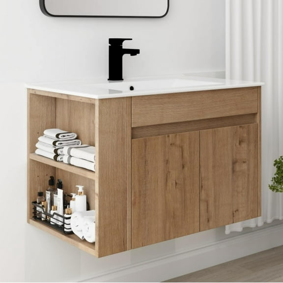 Noble House 30" Floating Bathroom Vanity with White Ceramic Basin, Soft-Close, Adjustable Open Shelf, Imitative Oak