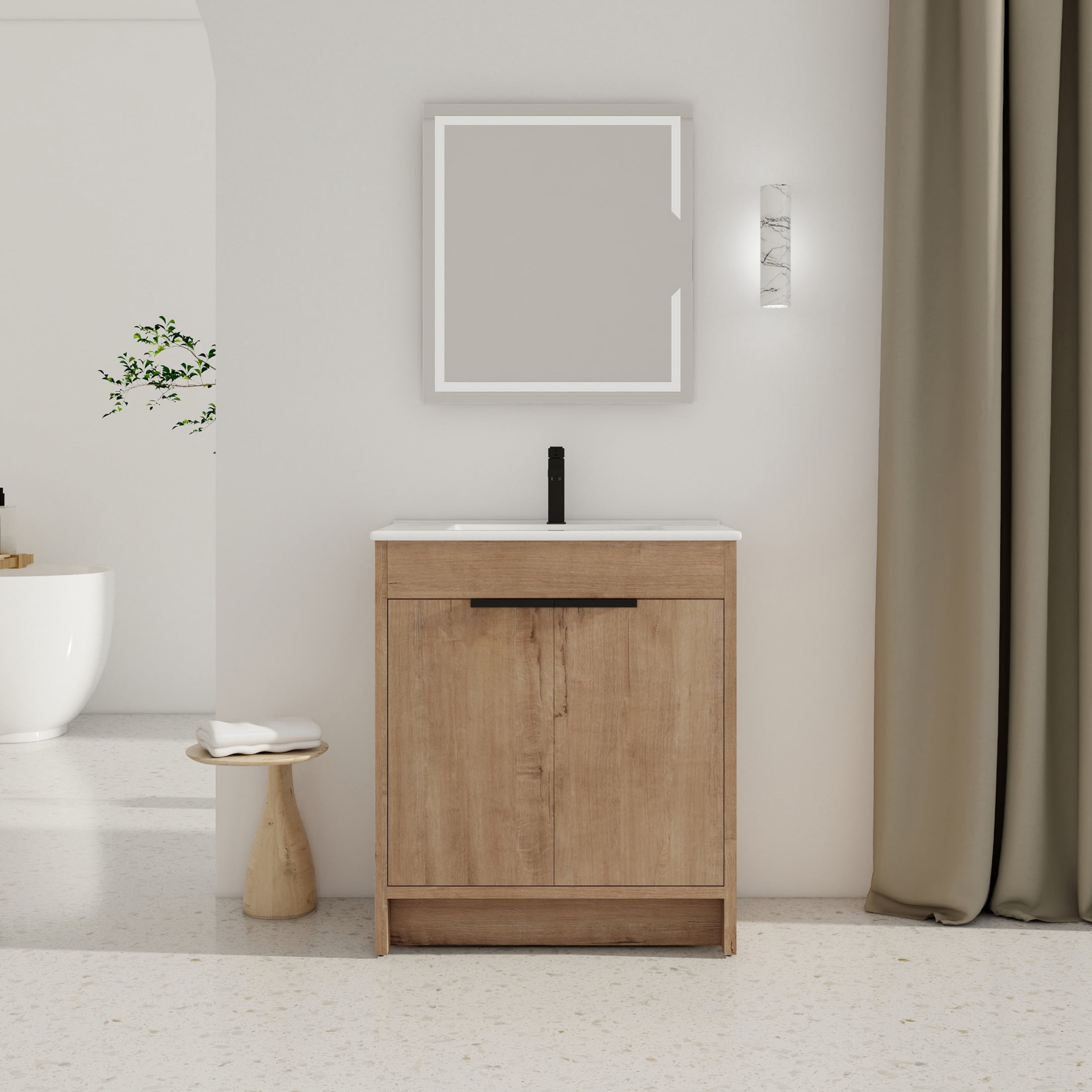 Noble House 30" Freestanding Bathroom Vanity, White Ceramic Sink, Soft-Close Doors, Adjustable Shelf, Imitative Oak