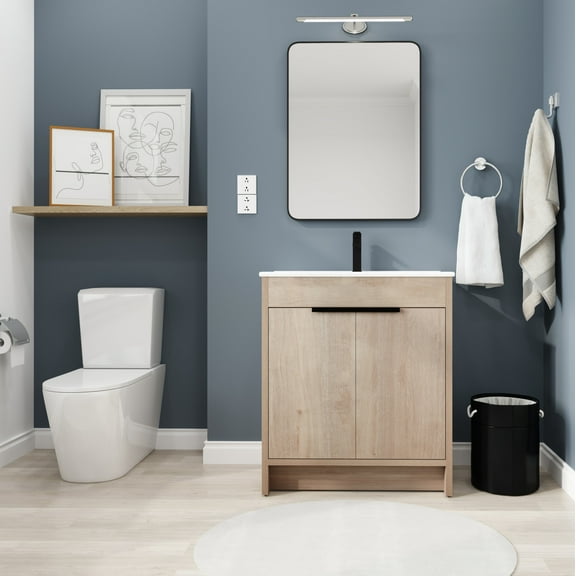 Noble House 30" Freestanding Bathroom Vanity, White Ceramic Sink, Soft-Close Doors, Adjustable Shelf, Plain Light Oak