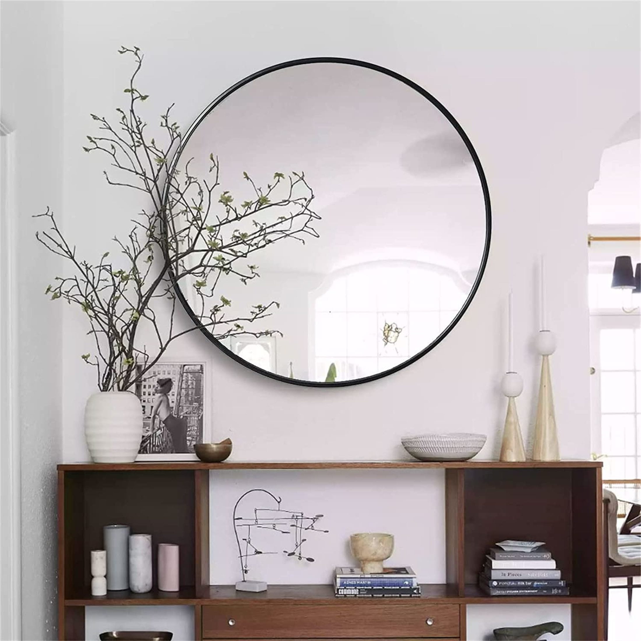 Noble House 30 Inch Round Metal Wall Mirror, Vanity Mirror for Bathroom, Bedroom & Living Room, Black