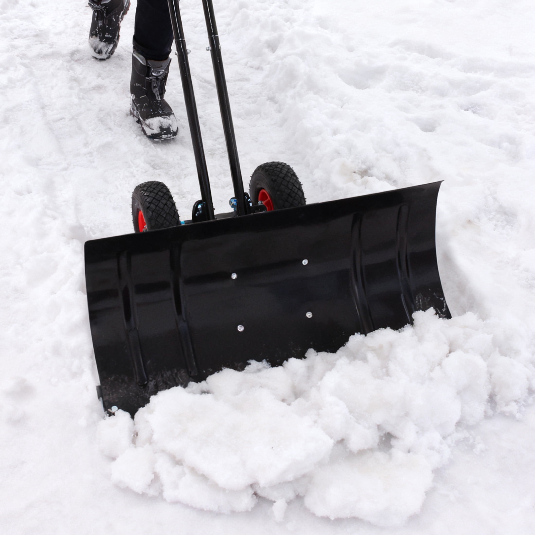 Noble House 30" Metal Snow Shovel Pusher with Double Rod, Rubber Wheels and Adjustable Handle, Heavy Duty, Black